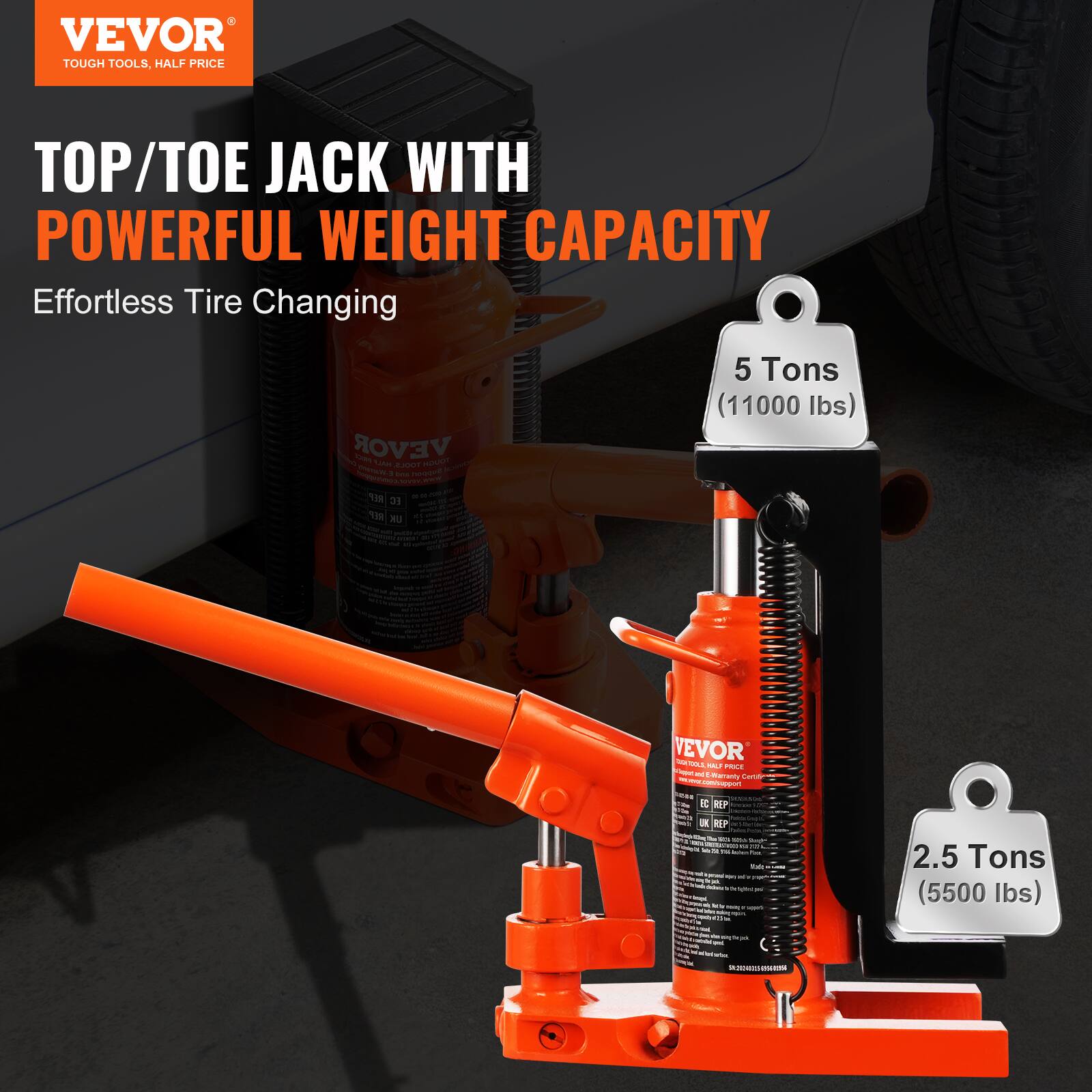 VEVOR TOUGH TOOLS. HALF PRICE TOP/TOE JACK WITH POWERFUL WEIGHT CAPACITY Effortless Tire Changing

VEVOR - TOP/TOE JACK
- 5 Tons (11000 lbs)
- 2.5 Tons (5500 lbs)