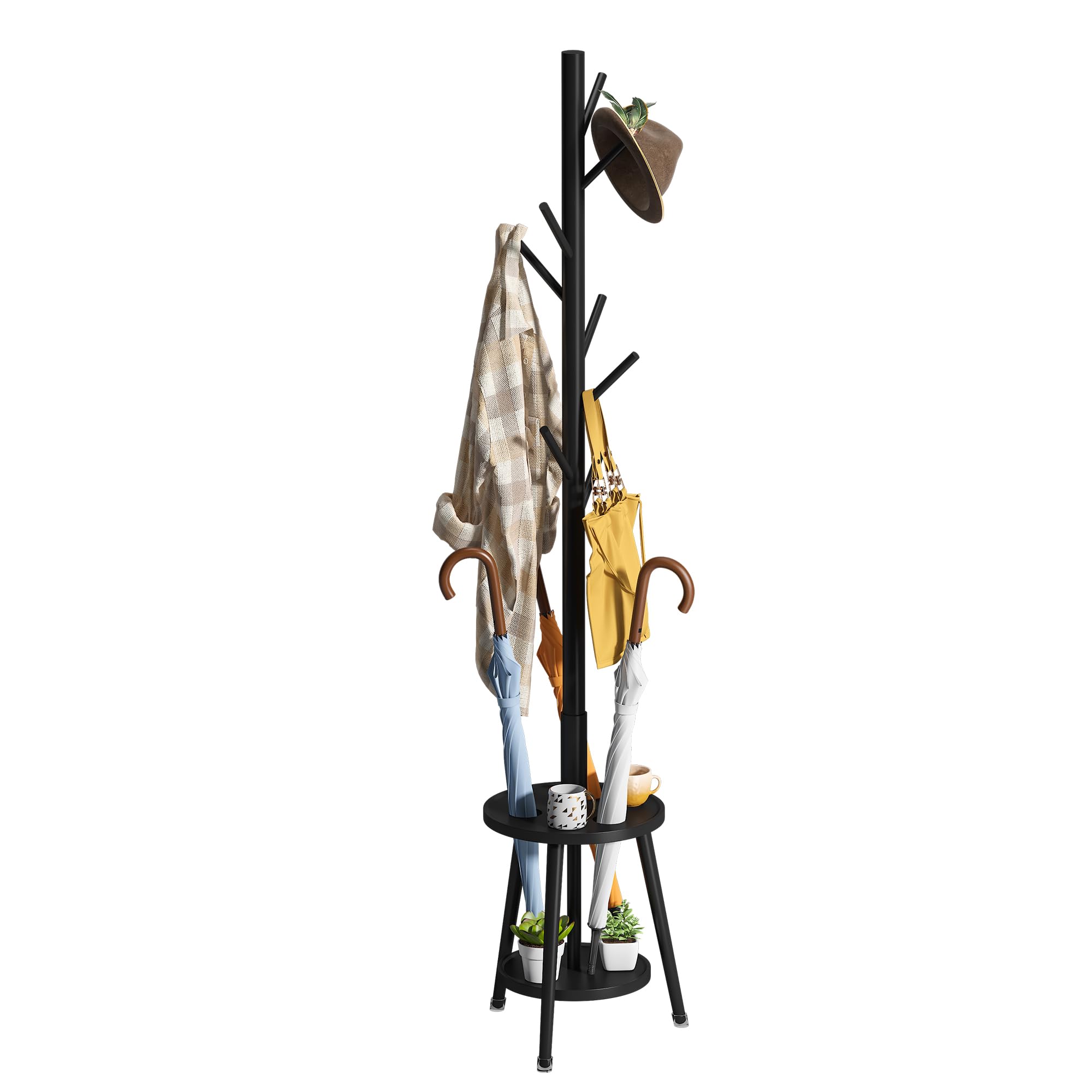 Front. Hirose Alice - FILWH Freestanding Coat Rack with Umbrella Organizer Tray - Black Umbrella Tray.