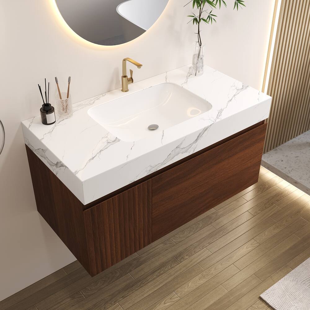 Front. Loheer - Loheer 36 inch floating bathroom vanity seamless sintered stone top wall mounted vanity with sink walnut - Walnut, White.
