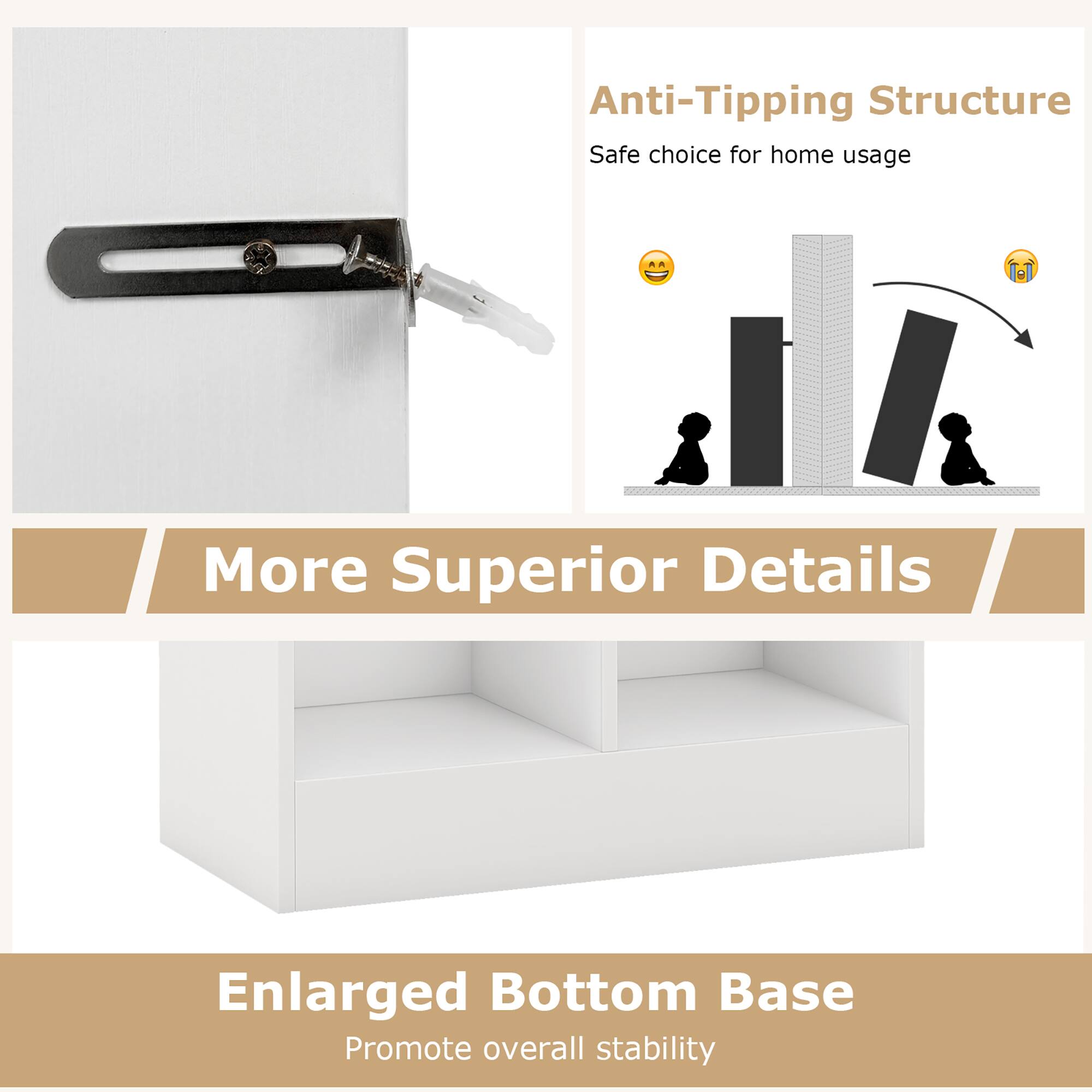 Anti-Tipping Structure, Safe choice for home usage, More Superior Details, Enlarged Bottom Base, Promote overall stability