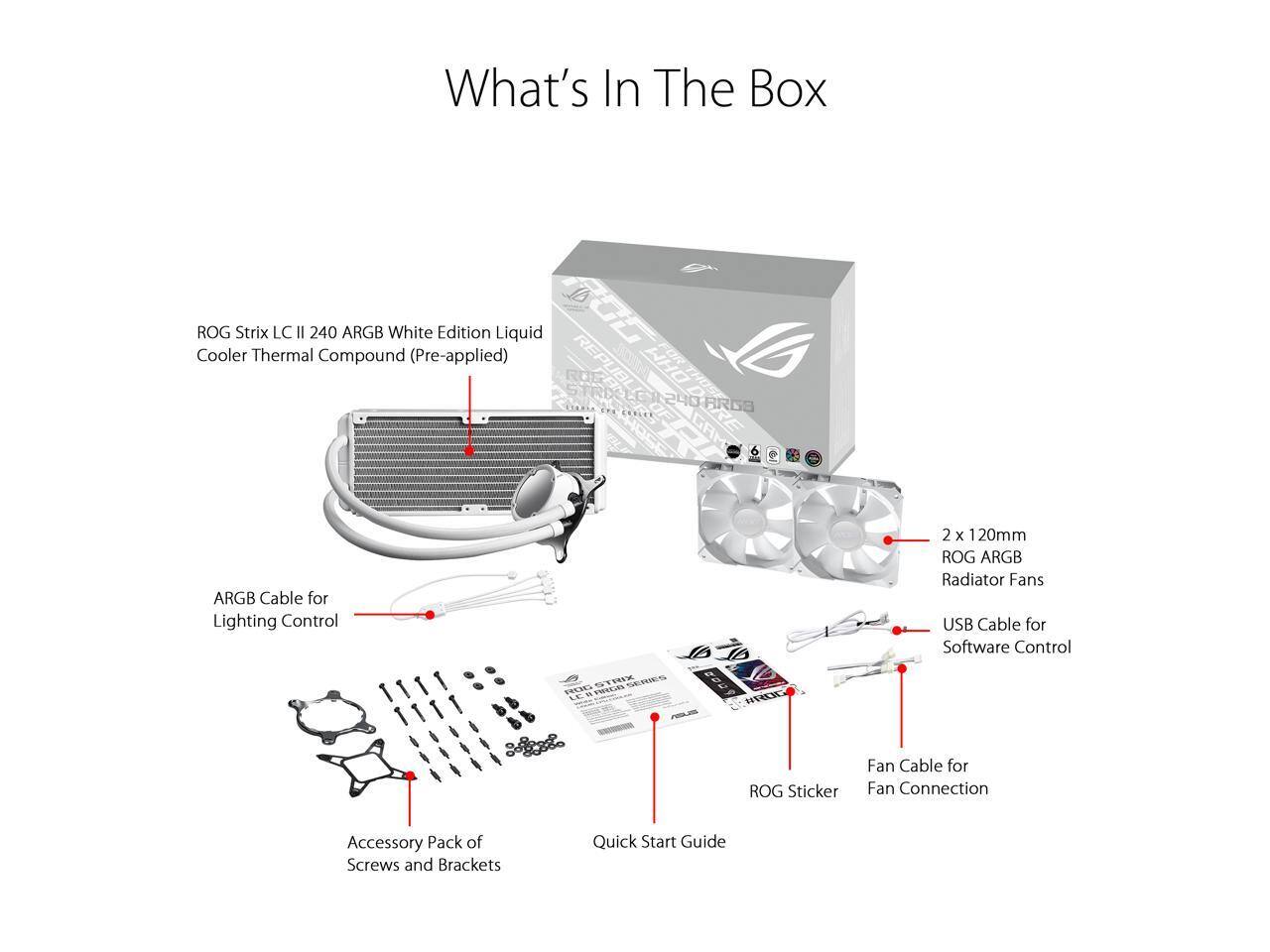 What's In The Box

- ROG Strix LC II 240 ARGB White Edition Liquid Cooler Thermal Compound (Pre-applied)
- 2 x 120mm ROG ARGB Radiator Fans
- ARGB Cable for Lighting Control
- USB Cable for Software Control
- Fan Cable for Fan Connection
- Accessory Pack of Screws and Brackets
- ROG Sticker
- Quick Start Guide