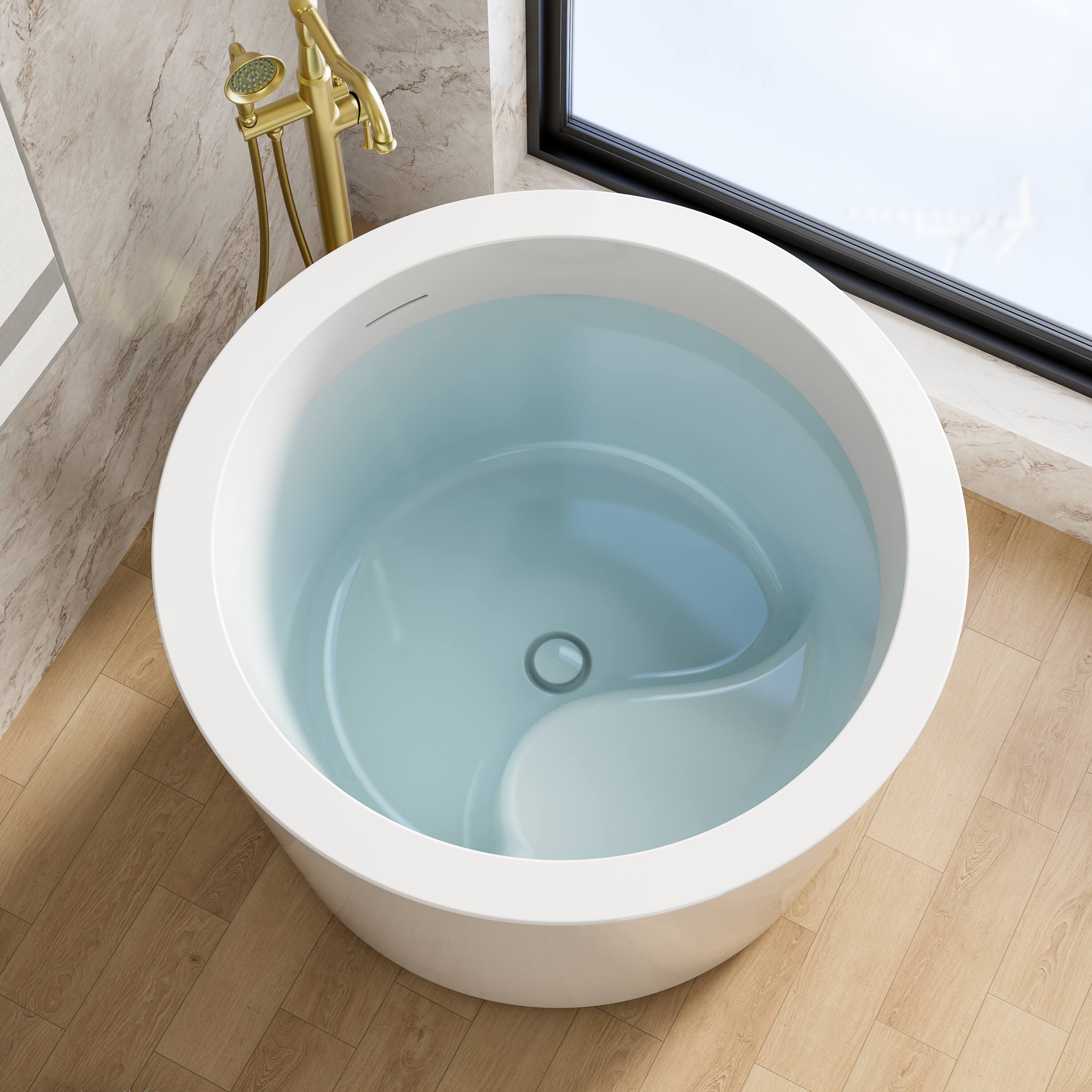 Angle. WELLFOR - HINOKI 41 in. x 41 in. Pure Acrylic Round Soaking Bathtub with Center Drain and Overflow - White.