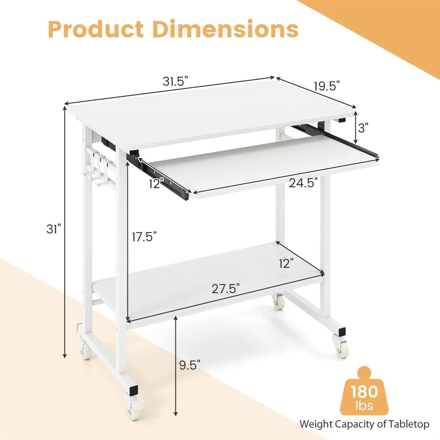 Product Dimensions

- Top Shelf: 31.5" x 19.5"
- Middle Shelf: 24.5" x 12"
- Bottom Shelf: 27.5" x 12"
- Height from floor to top shelf: 31"
- Height from floor to middle shelf: 17.5"
- Height from floor to bottom shelf: 9.5"
- Depth of each shelf: 3"

Weight Capacity of Tabletop: 180 lbs