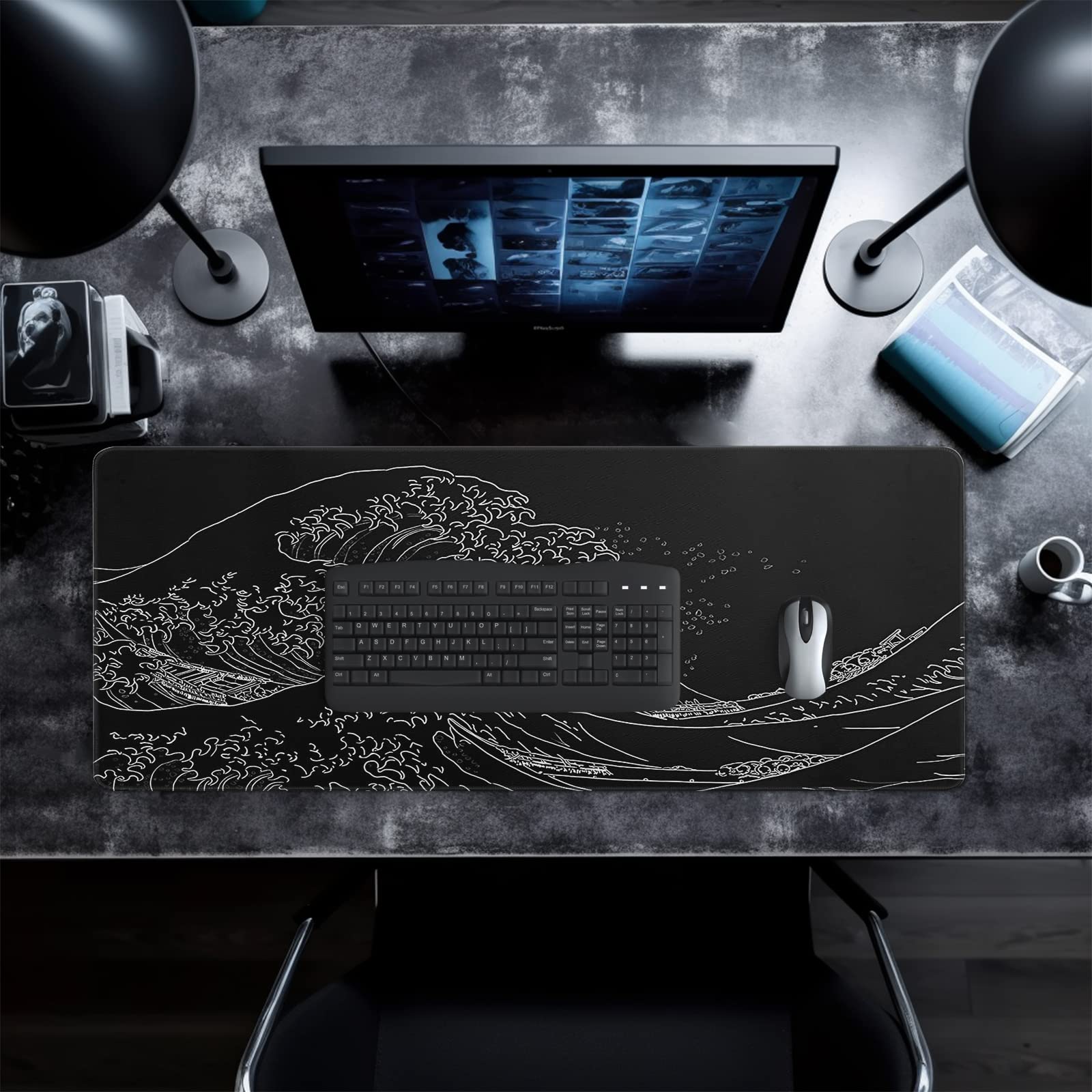 Alt View 4. Cozy Serene - Gaming Mouse Pad Abstract Black 31 5x11 8 Inch Sea Wave Texture Non-slip Rubber Base Large Mousepad Stitched Edges Mat - Japanese Sea Wave.