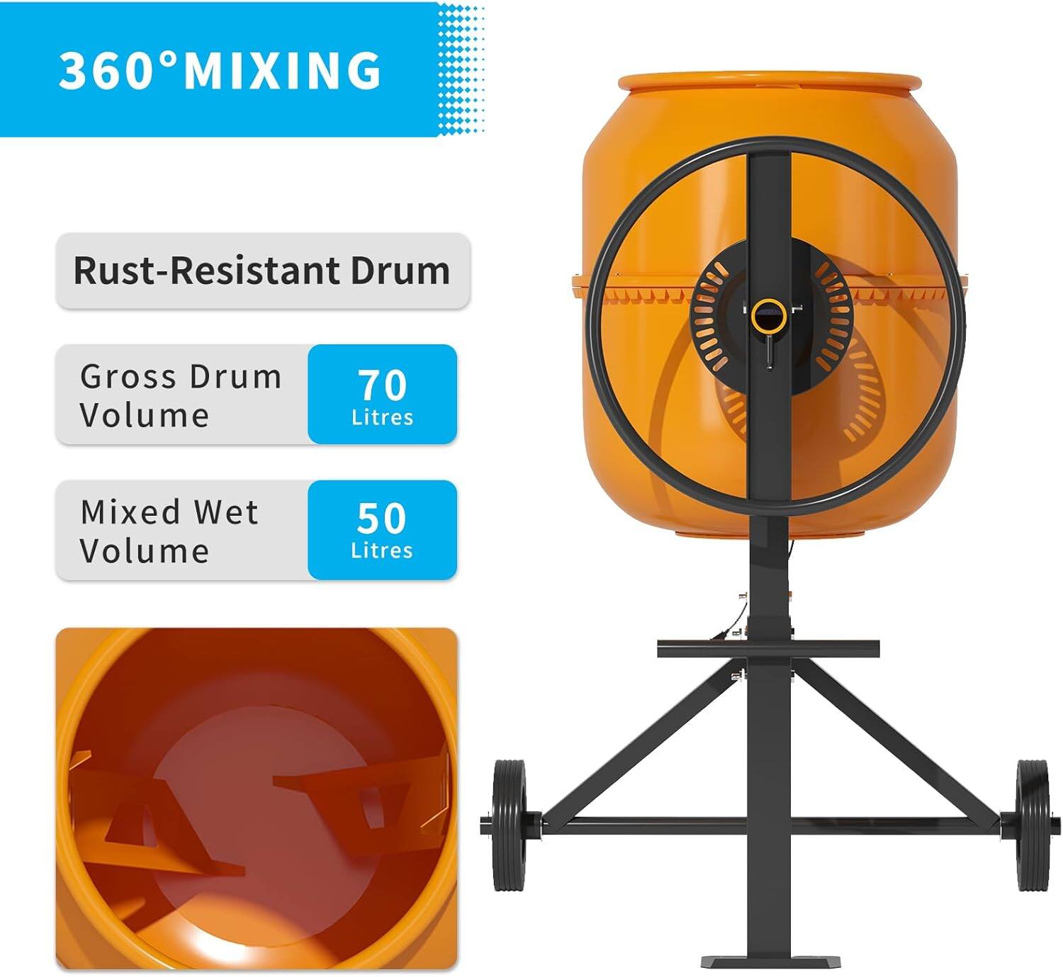 360° MIXING

Rust-Resistant Drum

Gross Drum Volume
70 Litres

Mixed Wet Volume
50 Litres