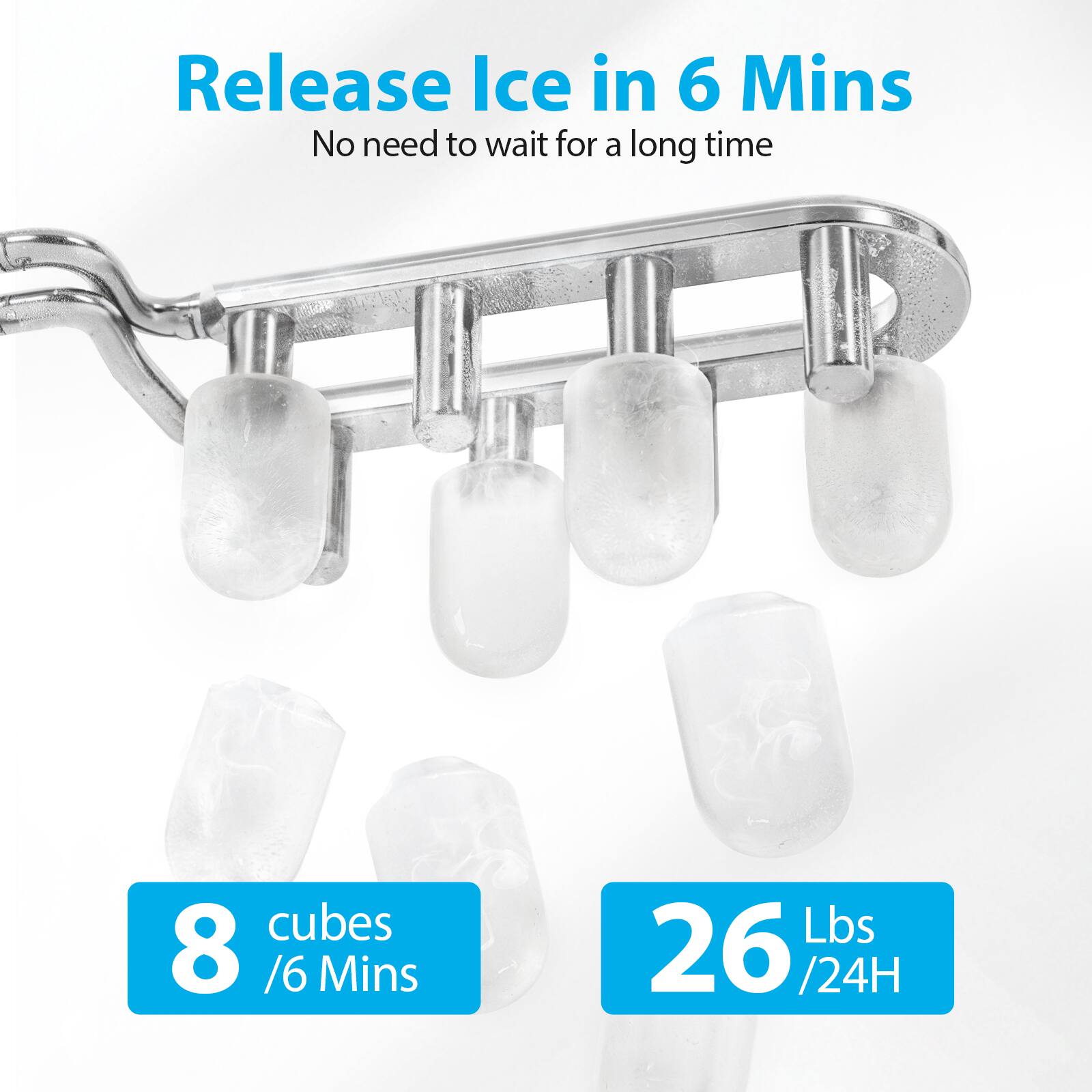 Release Ice in 6 Mins  
No need to wait for a long time  

8 cubes / 6 Mins  
26 Lbs / 24H