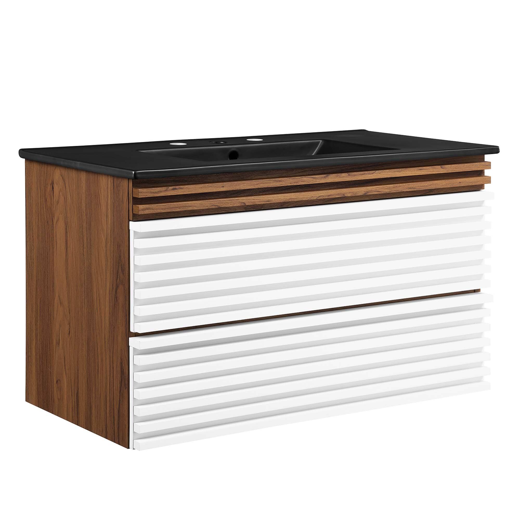 Angle. Modway - Render Wall-Mount Bathroom Vanity with Black Basin Included - White Walnut Black.