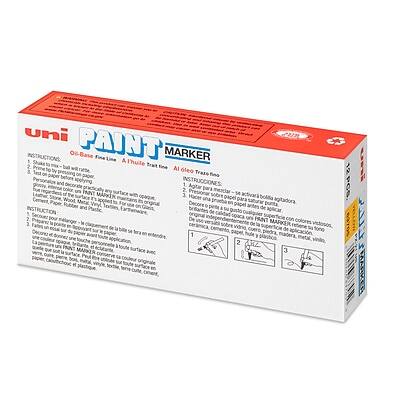 **Uni Paint Marker**

**Instructions:**
1. Shake well before use.
2. Test on a small area first.
3. Apply to paper, wood, rubber, plastic, etc.

**Intructions:**
1. Agitar bien antes de usar.
2. Probar en un área pequeña.
3. Aplicar sobre papel, madera, goma, plástico, etc.

**Note:** The text appears to be a mix of English and Spanish instructions for using the Uni Paint Marker.