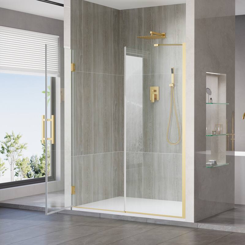 Left. WELLFOR - 58–59 in. W x 72 in. H Frameless Hinged Shower Door with 3/8" Clear Tempered Glass, Reversible Opening - Brushed Gold.