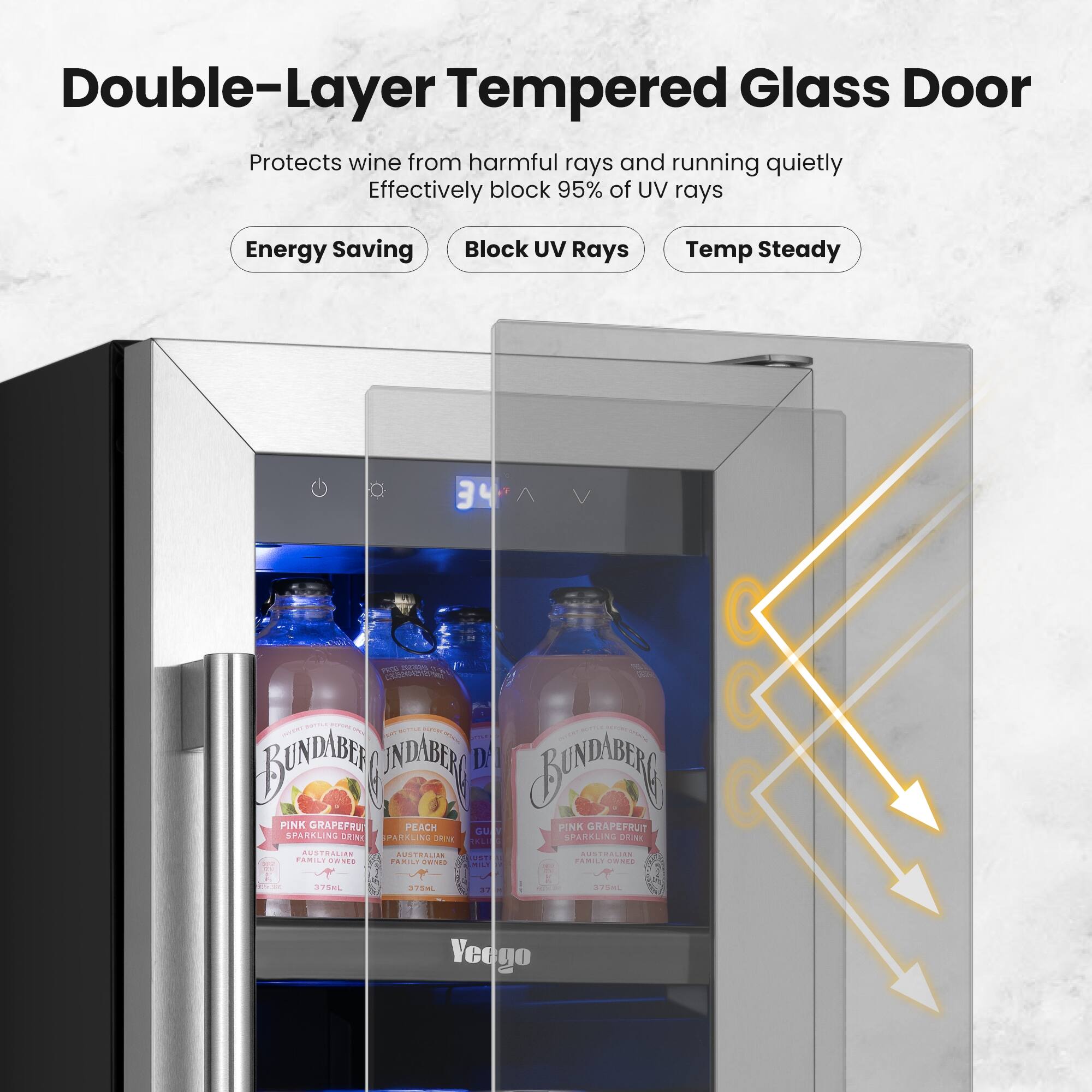 Double-Layer Tempered Glass Door  
Protects wine from harmful rays and running quietly  
Effectively block 95% of UV rays  

Energy Saving  
Block UV Rays  
Temp Steady  

BNDAIR D 6 M BINDIBEO PINK GRAPEFRUIT PEACH PINK GRAPEFRUIT GL SPARKLING N PARELING ON SPARKLING DTIke RLI AUSTRALIAN USTRAL AUOTR..... FAMILE EL e CANis E Ads aaads . 1768L 37E8L +. APSML Veego
