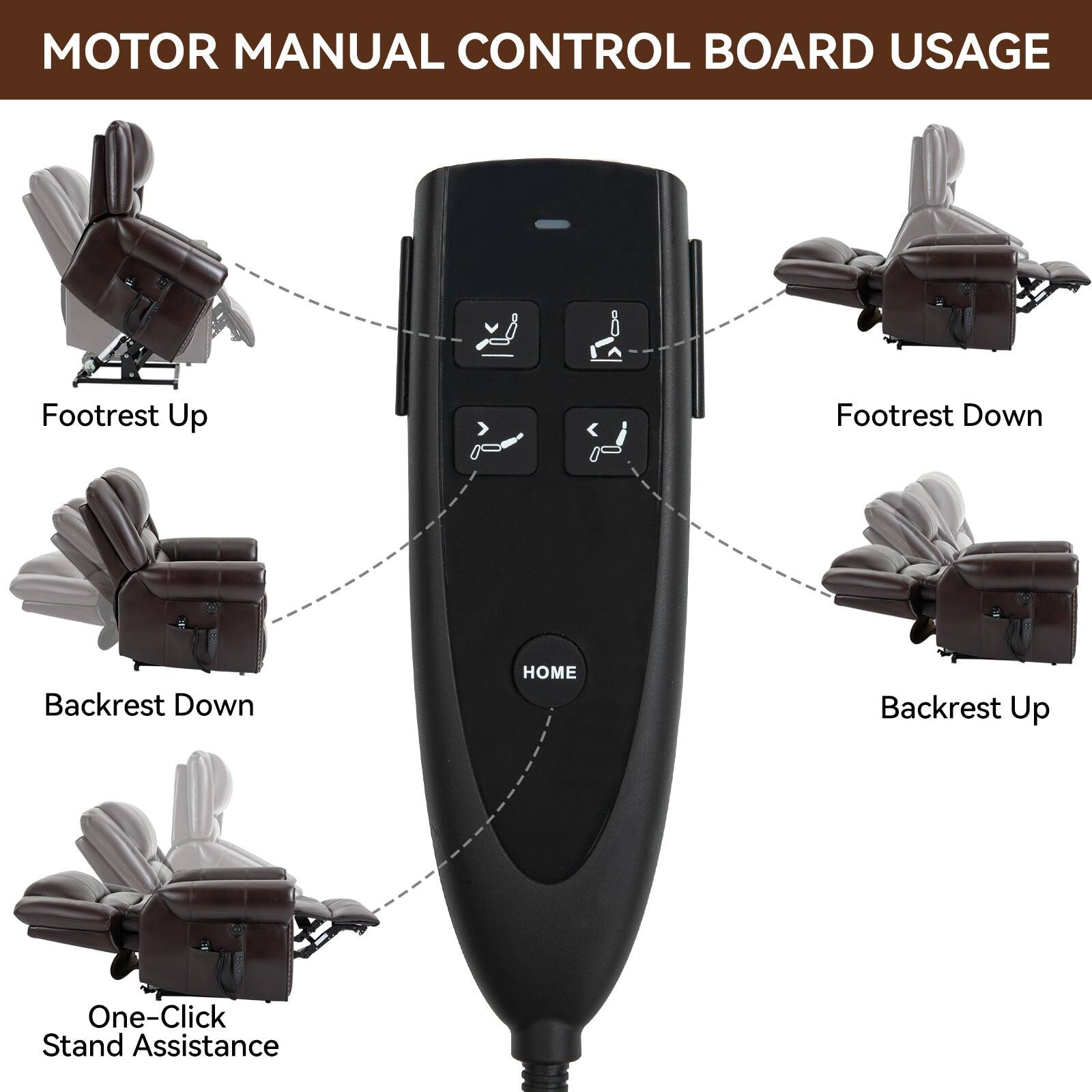 MOTOR MANUAL CONTROL BOARD USAGE

Footrest Up
Footrest Down
Backrest Down
Backrest Up
One-Click Stand Assistance
HOME