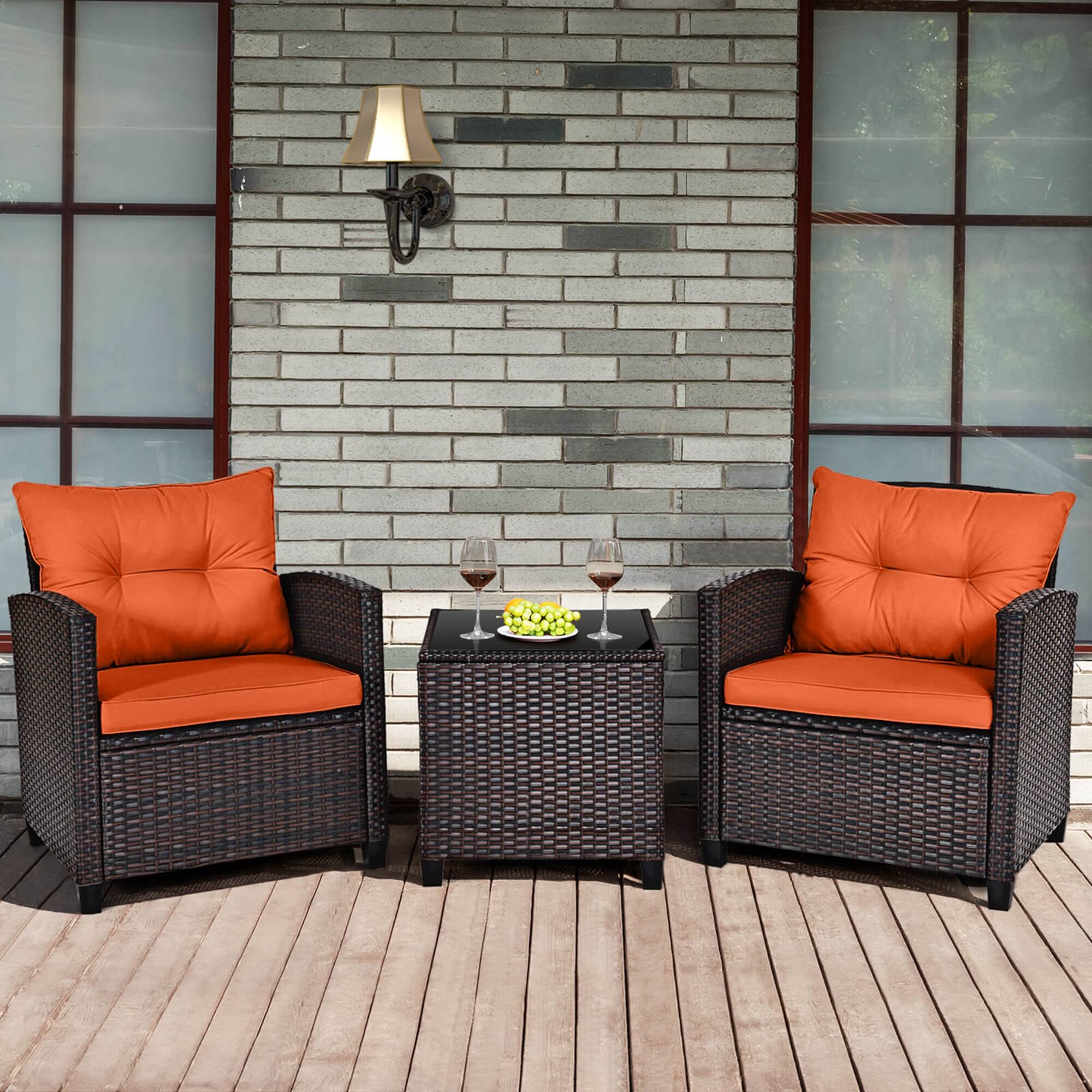 Alt View 1. Costway - 3 PCS Patio Rattan Furniture Set Cushioned Conversation Set Sofa - Orange,Mix Brown.