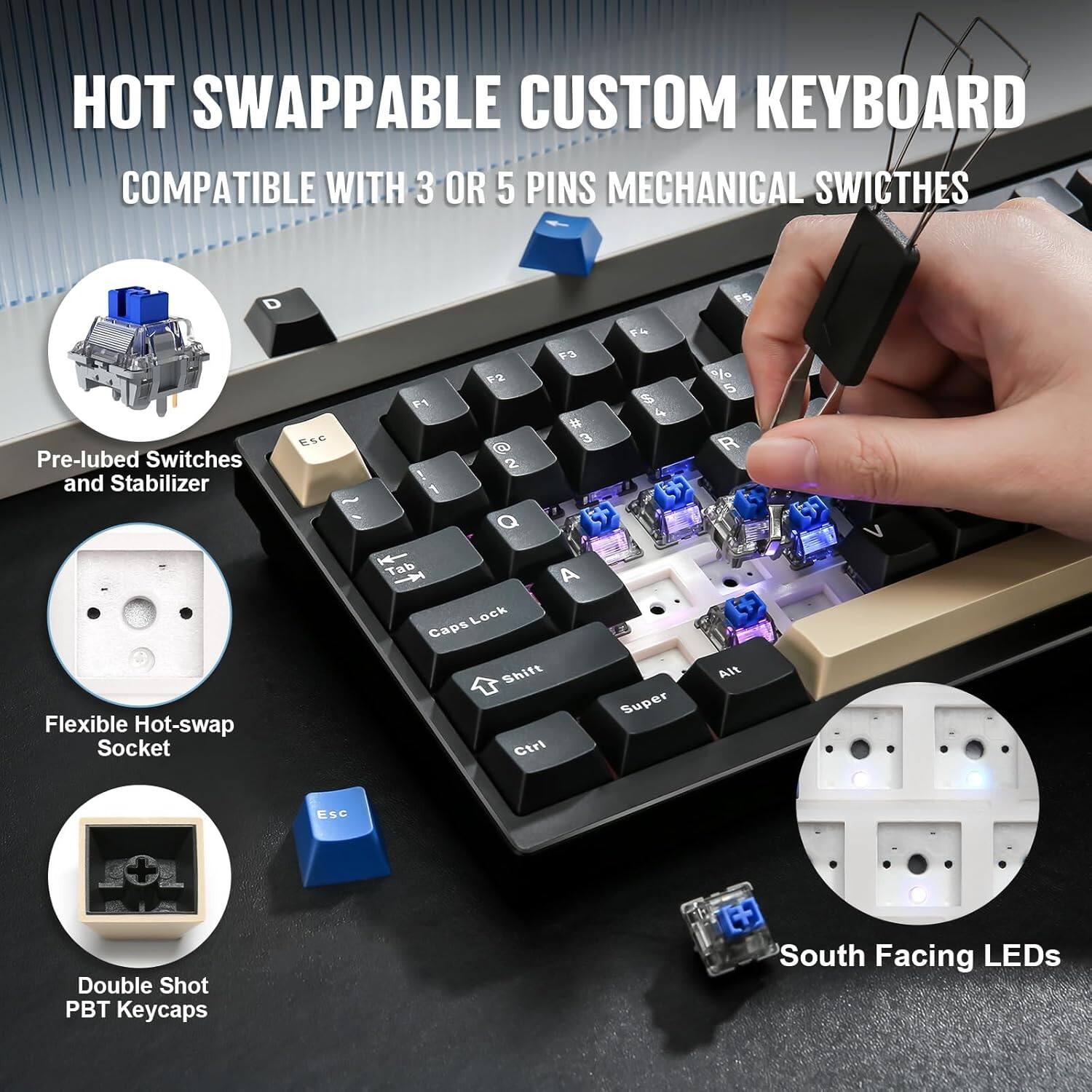 HOT SWAPPABLE CUSTOM KEYBOARD COMPATIBLE WITH 3 OR 5 PINS MECHANICAL SWITCHES

- Pre-lubed Switches and Stabilizers
- Flexible Hot-swap Socket
- Double Shot PBT Keycaps
- South Facing LEDs
