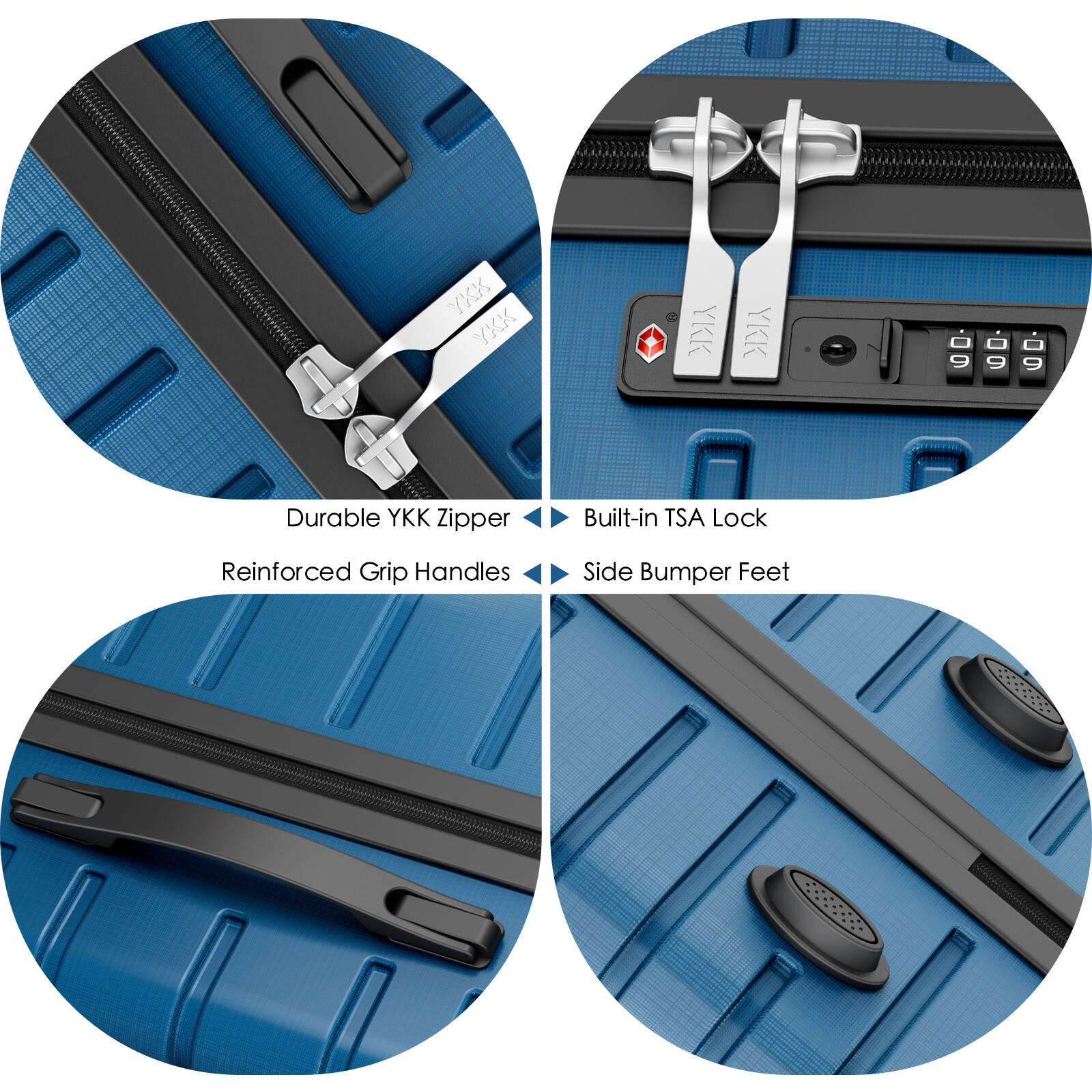- Durable YKK Zipper
- Built-in TSA Lock
- Reinforced Grip Handles
- Side Bumper Feet