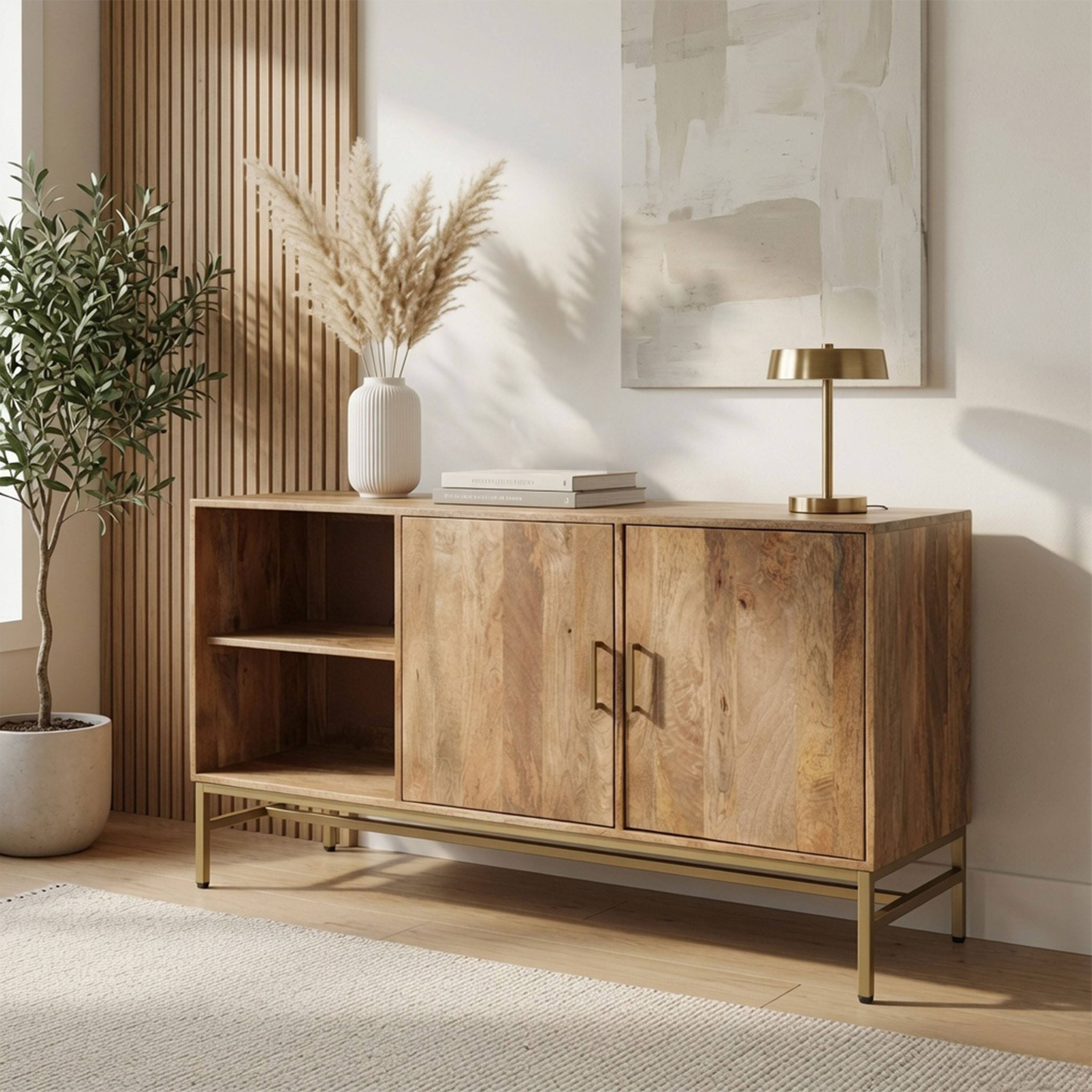 Alt View 4. Manhattan Lane - Lysa 50 Inch Sideboard Buffet Cabinet with Open Shelves, Gold Iron Base, Mango Wood - Natural Brown, Gold.