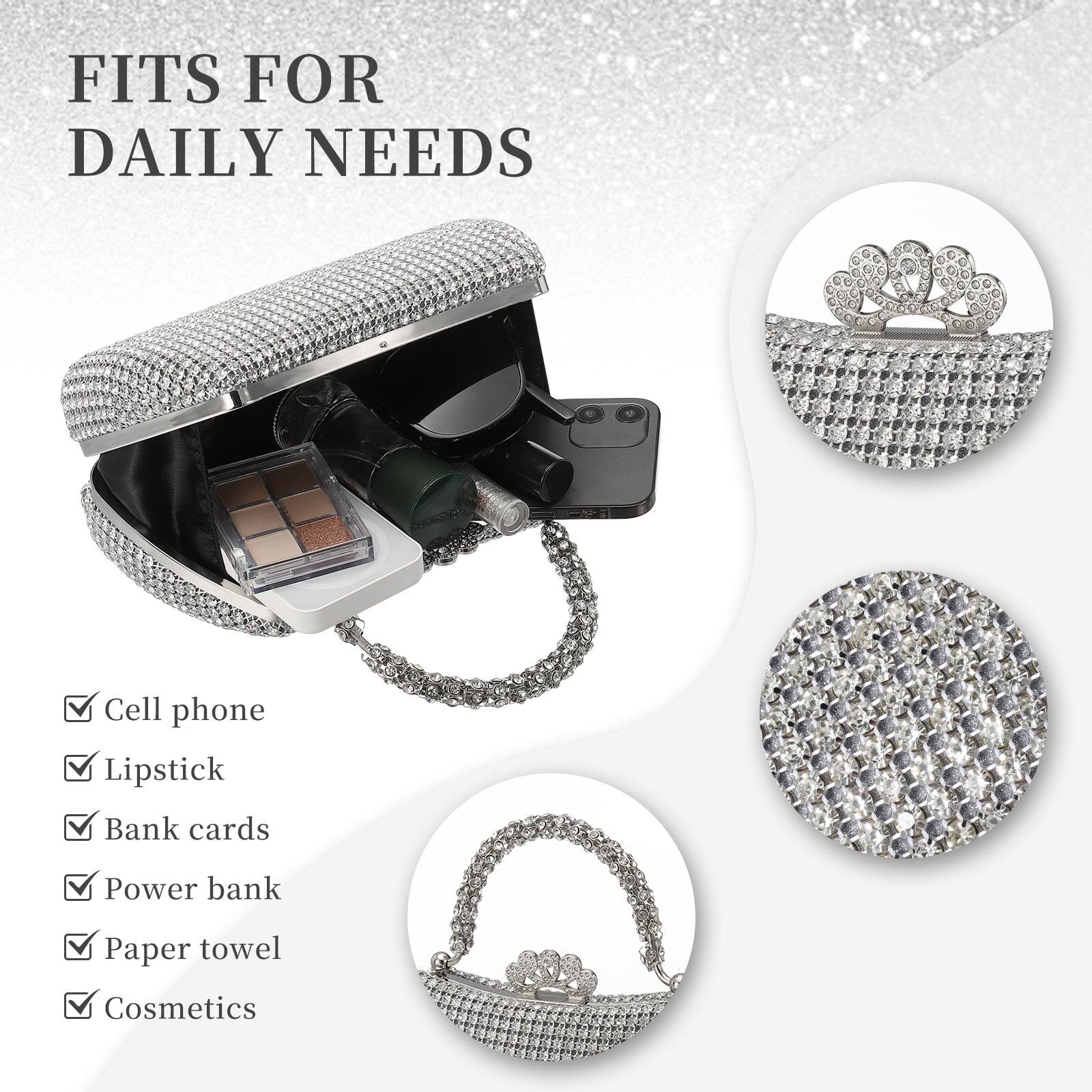 FITS FOR DAILY NEEDS

- Cell phone
- Lipstick
- Bank cards
- Power bank
- Paper towel
- Cosmetics