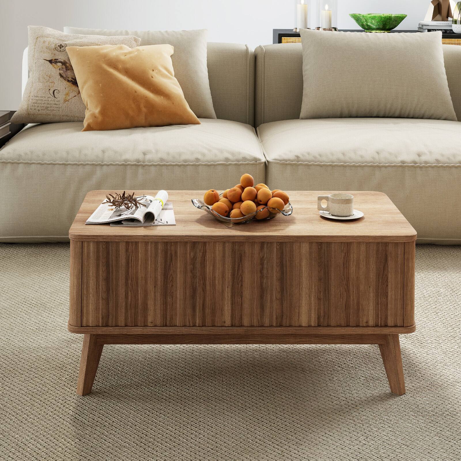 Alt View 5. Gymax - Gymax 35.5'' Fluted Lift Top Coffee Table w/Lift Tabletop Hidden Compartments for Home - Brown.