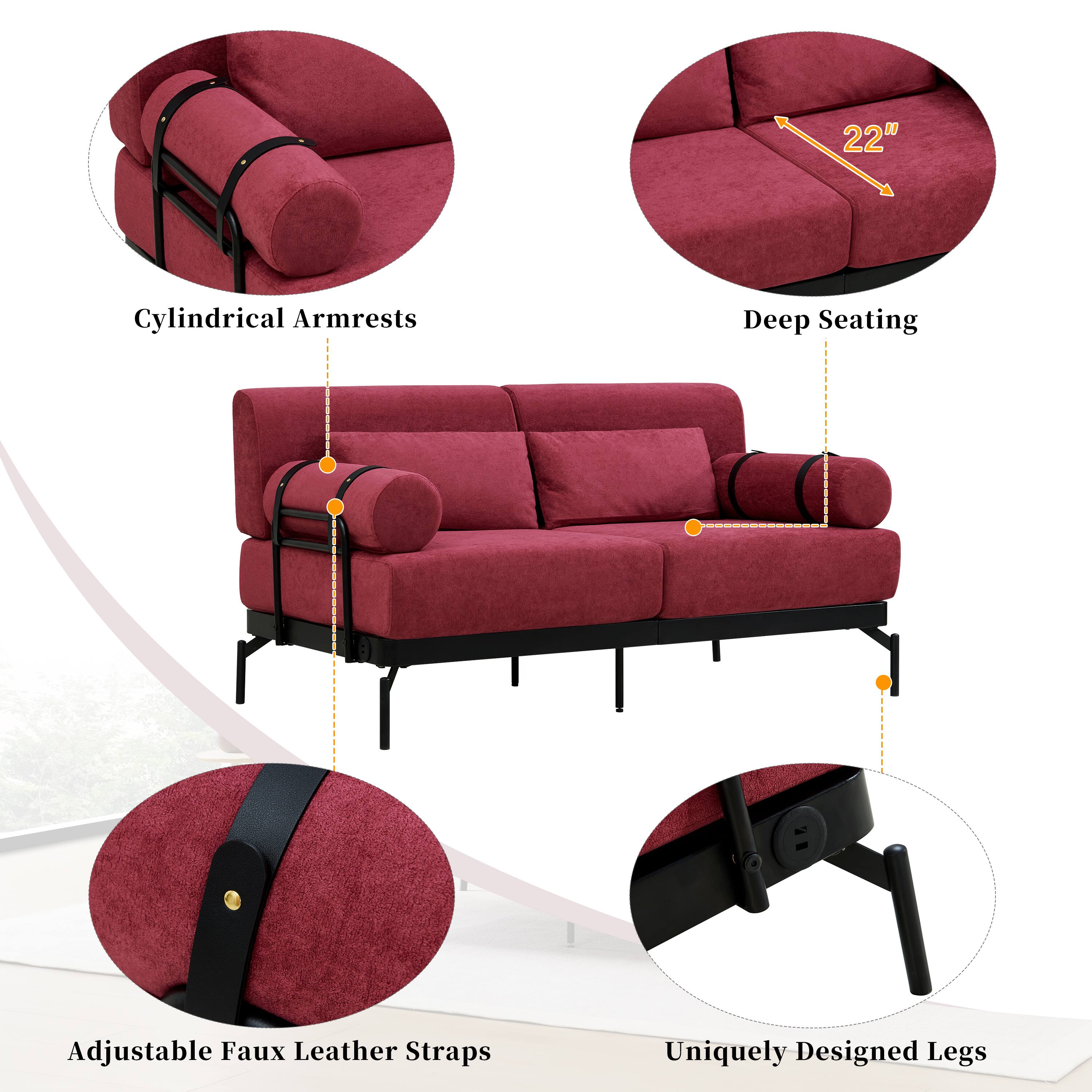 - 22" Cylindrical Armrests
- Deep Seating
- Adjustable Faux Leather Straps
- Uniquely Designed Legs