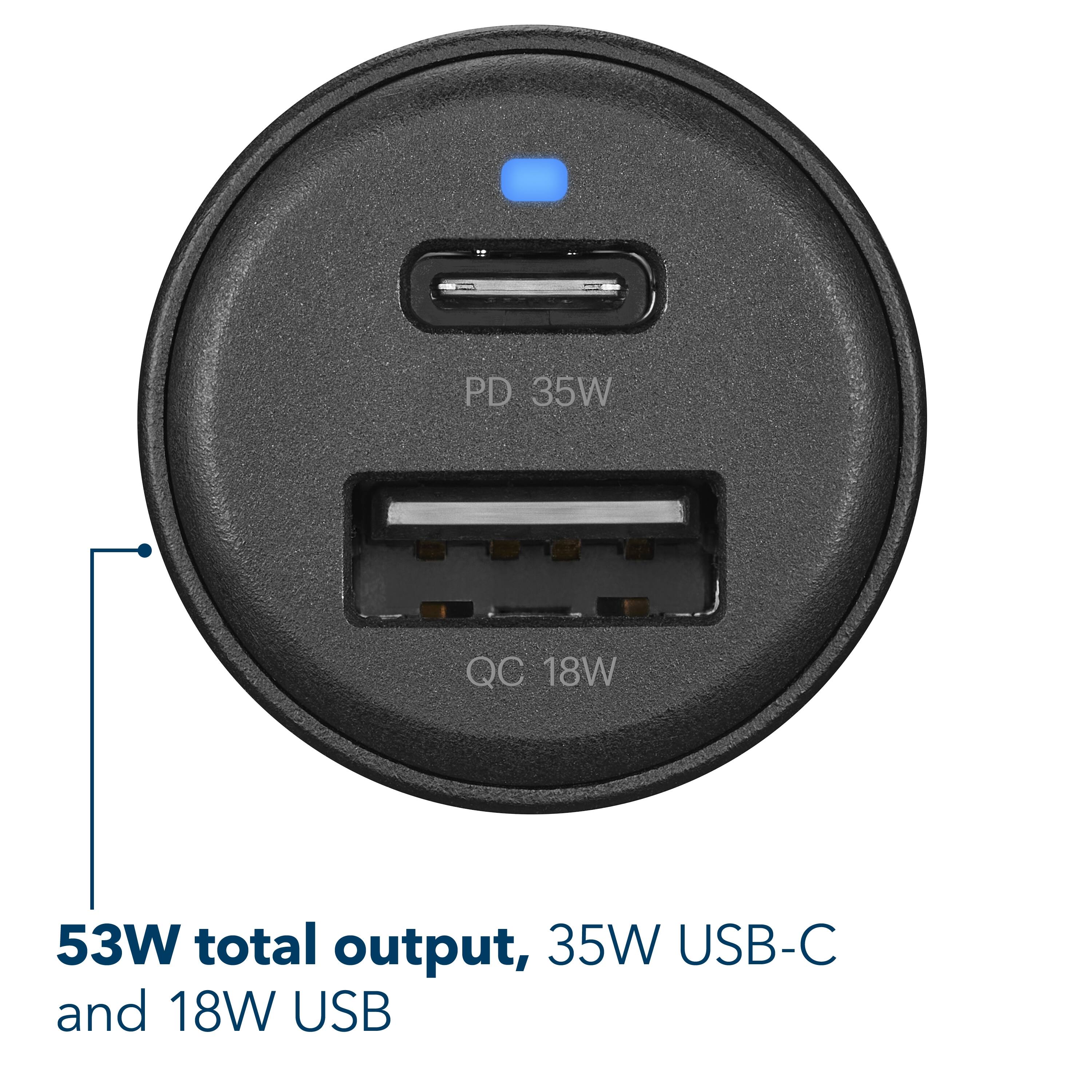 The text on the image reads: "PD 35W QC 18W 53W total output, 35W USB-C and 18W USB A."