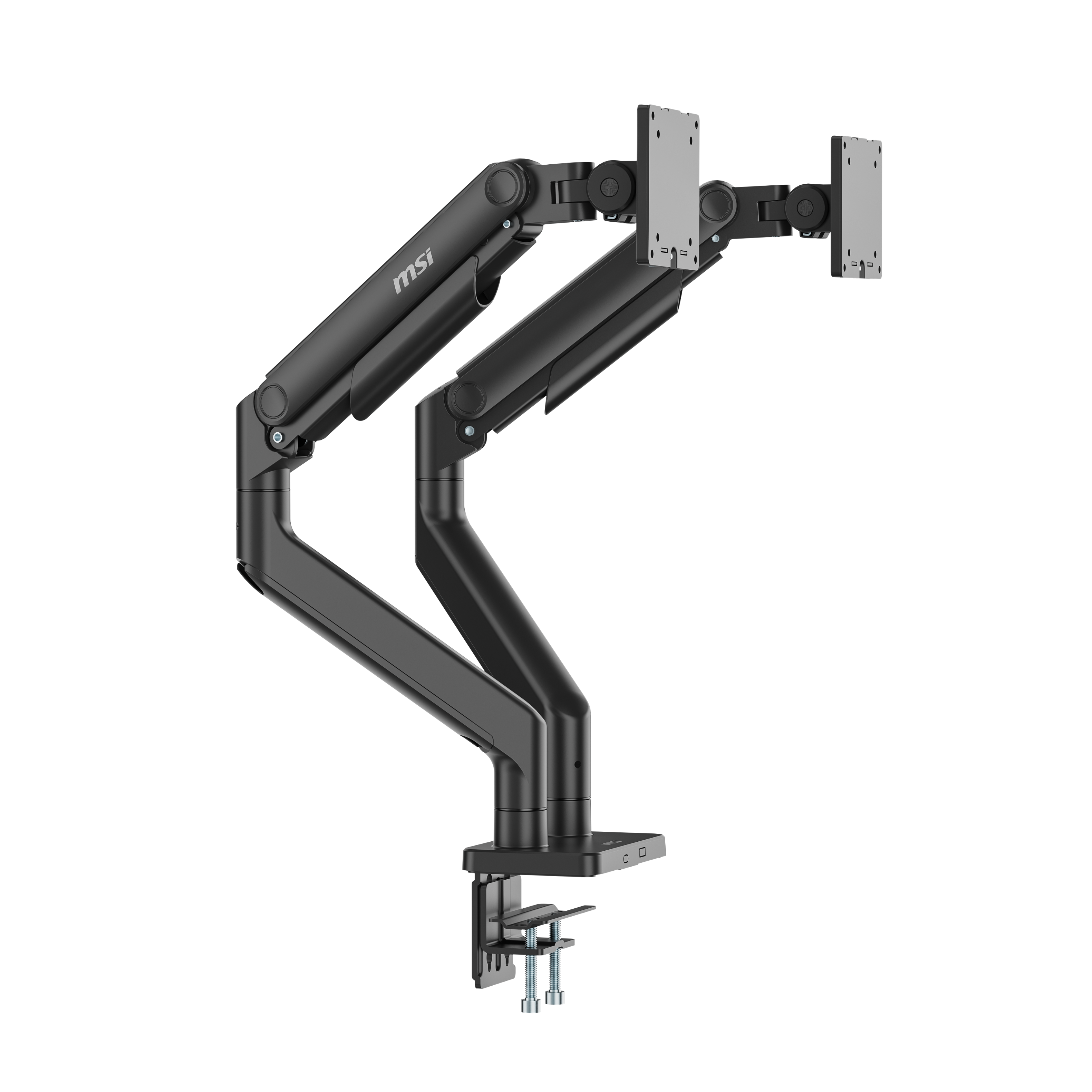Front. MSI - MT201D Dual Monitor Arm – Heavy Duty Adjustable Spring Desk Mount, VESA Compatible, 17–45in, 44 lbs, Clamp & Grommet - Matte Black.