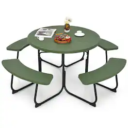 Costway - Outdoor 8-person Round Picnic Table Bench Set with 4 Benches & Umbrella Hole - Green