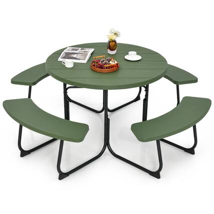 Front. Costway - Costway Outdoor 8-person Round Picnic Table Bench Set with 4 Benches & Umbrella Hole - Green.