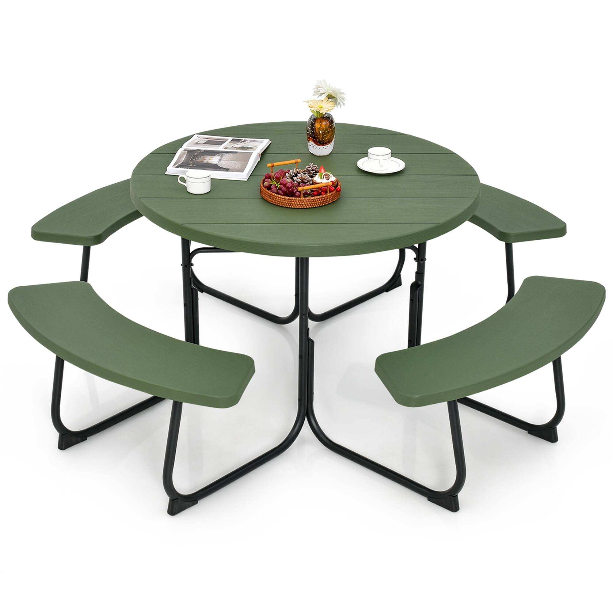 Front. Costway - Costway Outdoor 8-person Round Picnic Table Bench Set with 4 Benches & Umbrella Hole - Green.