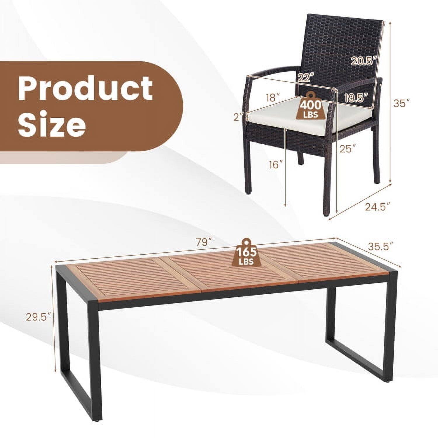 Product Size

- Chair:
  - Height: 35"
  - Seat Height: 18"
  - Seat Depth: 20.5"
  - Back Height: 22"
  - Back Width: 19.5"
  - Armrest Height: 24.5"
  - Armrest Width: 25"
  - Weight Capacity: 400 LBS

- Table:
  - Length: 79"
  - Width: 35.5"
  - Height: 29.5"
  - Weight Capacity: 165 LBS