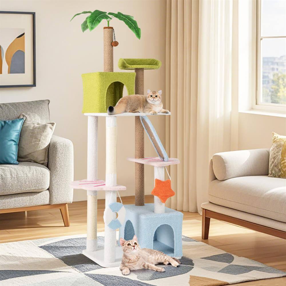 Alt View 6. Kadyn - Cat Scratching Tower,Cat Tree, 71 Inch Cat Tree Multi-Level Aesthetic Beach-Themed Kitten Tower-Colorful - White.