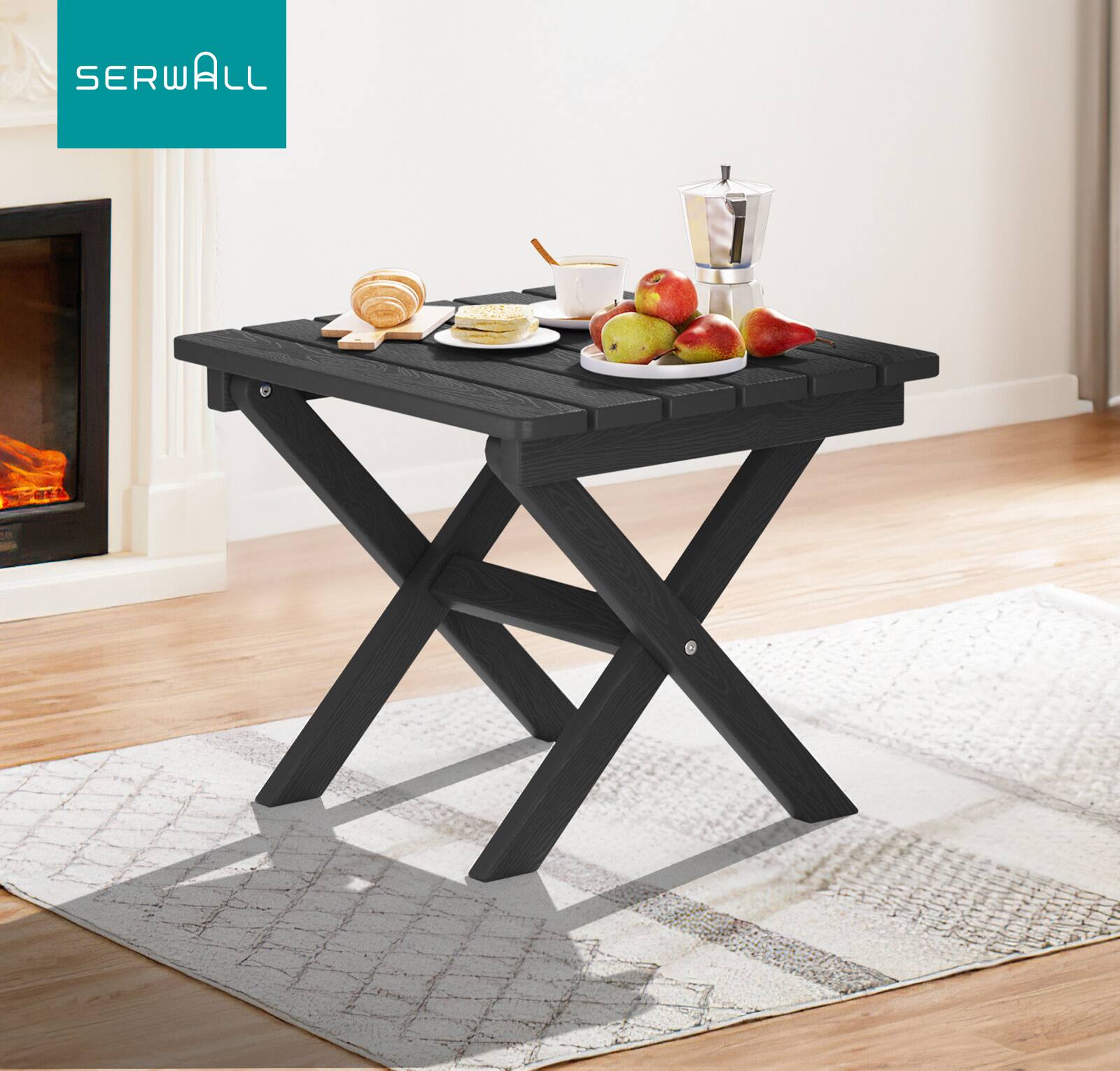 Alt View 3. SERWALL - SERWALL Small Folding Side Table, HDPE Outdoor End Table, Black - Black.