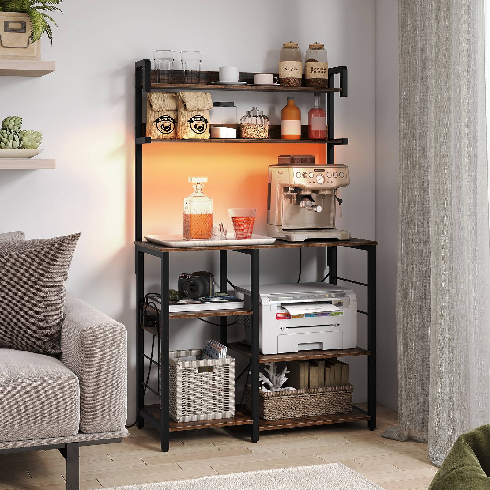 The image shows a well-organized shelf with the following items:

1. On the top shelf:
   - Glass cups
   - A small plant
   - Two jars labeled "Brown Sugar"

2. On the second shelf:
   - A jar of honey
   - A jar of syrup
   - A container of grains
   - A small plant

3. On the third shelf:
   - A bottle of honey
   - A glass of orange juice
   - A glass of water
   - A coffee machine

4. On the bottom shelf:
   - A printer
   - A camera
   - A wicker basket with magazines
   - A wicker basket with papers

The shelf is illuminated with a warm light, creating a cozy atmosphere.