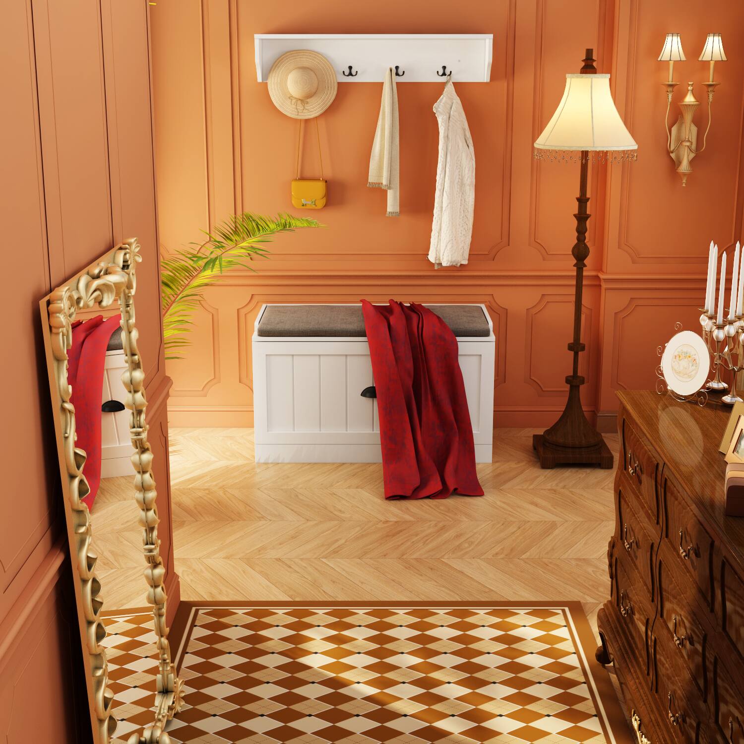 Alt View 1. FUFU&GAGA - Entryway Storage Bench with Cushion and Wall Hooks Organizer with Shelf for Shoes Coats and Daily Essentials - White.