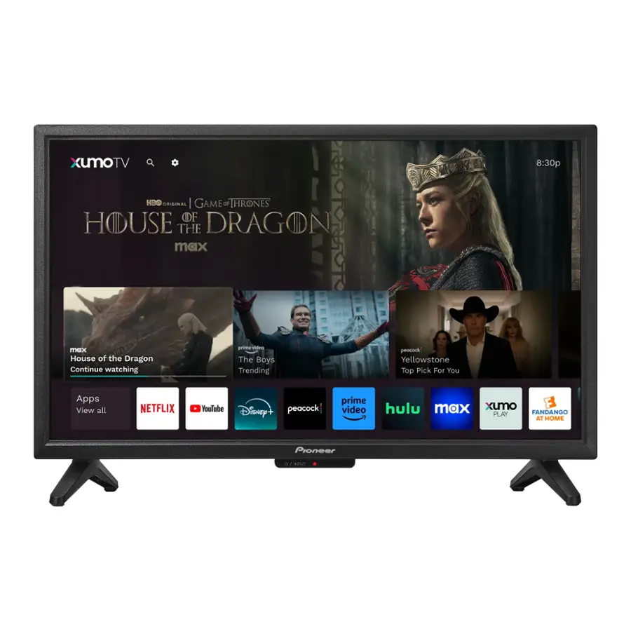 The text on the image is grouped and corrected as follows:

XUMO TV 8:30p HBO MAX | GAME OF THRONES: HOUSE OF THE DRAGON

Continue watching on Peacock | The Boys | Trending on Peacock | Yellowstone | Top Pick For You | Apps | View all | Netflix | YouTube | Disney+ | Peacock | Hulu | Prime Video | Hulu | XUMO | Fandango | Play at Home | Pioneer | DIRECTV