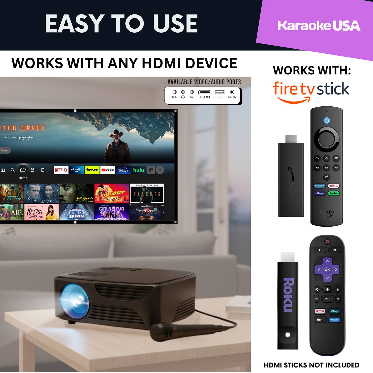 EASY TO USE  
WORKS WITH ANY HDMI DEVICE  
AVAILABLE VIDEO/AUDIO PORTS: AV, HDMI, USB, DC-IN  

WORKS WITH:  
fire tv stick  
ROKU  

HDMI STICKS NOT INCLUDED