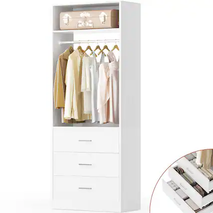 Front. Aheaplus - 24" Freestanding Closet System,3 Wood Drawers, Hanging Rod & Shelves - Space-Saving Organizer for Small Closets - White.