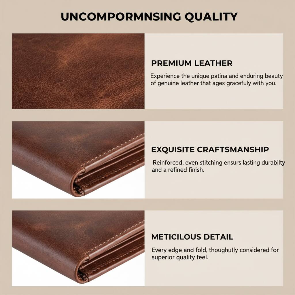 UNCOMPROMISING QUALITY

PREMIUM LEATHER  
Experience the unique patina and enduring beauty of genuine leather that ages gracefully with you.

EXQUISITE CRAFTSMANSHIP  
Reinforced, even stitching ensures lasting durability and a refined finish.

METICULOUS DETAIL  
Every edge and fold, thoroughly considered for superior quality feel.