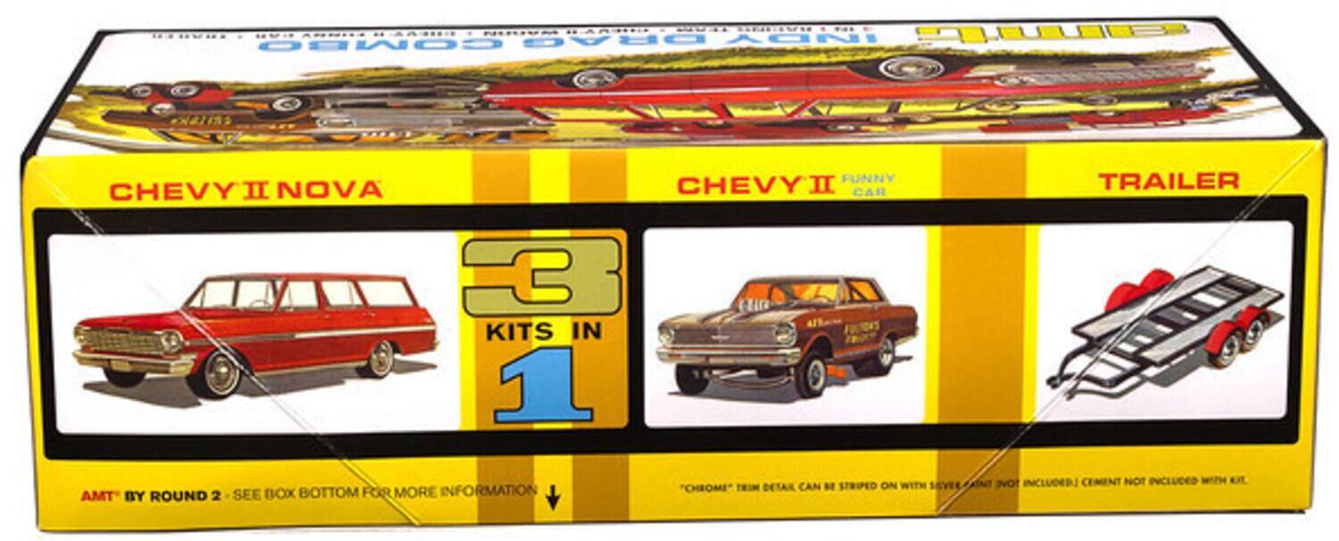 Here is the corrected and grouped text from the image:

---

**CHEVY II NOVA**

**CHEVY II FUNNY CAR**

**TRAILER**

**3 KITS IN 1**

**AMT BY ROUND 2**

SEE BOX BOTTOM FOR MORE INFORMATION

"CHROME" TRIM DETAIL CAN BE STRIPPED ON WITH SEVERAL NOT INCLUDED; CEMENT NOT INCLUDED WITH KIT

---

This text is organized to reflect the layout and content of the packaging.