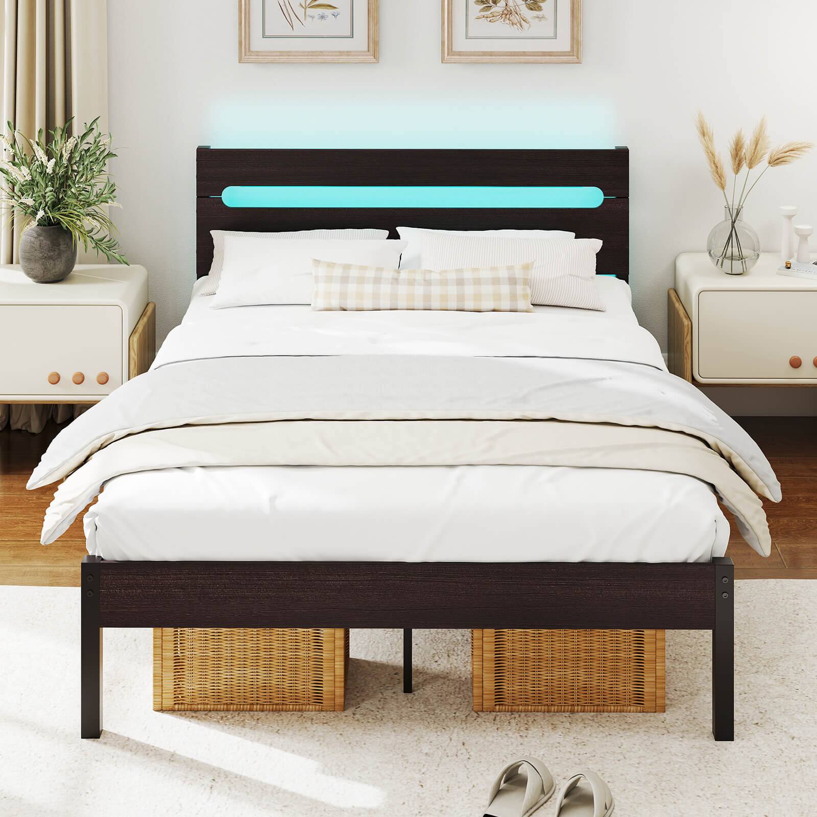 Alt View 3. Costway - Costway Full Size Bed Frame with Built-in Charging Station Sturdy Mattress Foundation - Rustic Brown,Black.