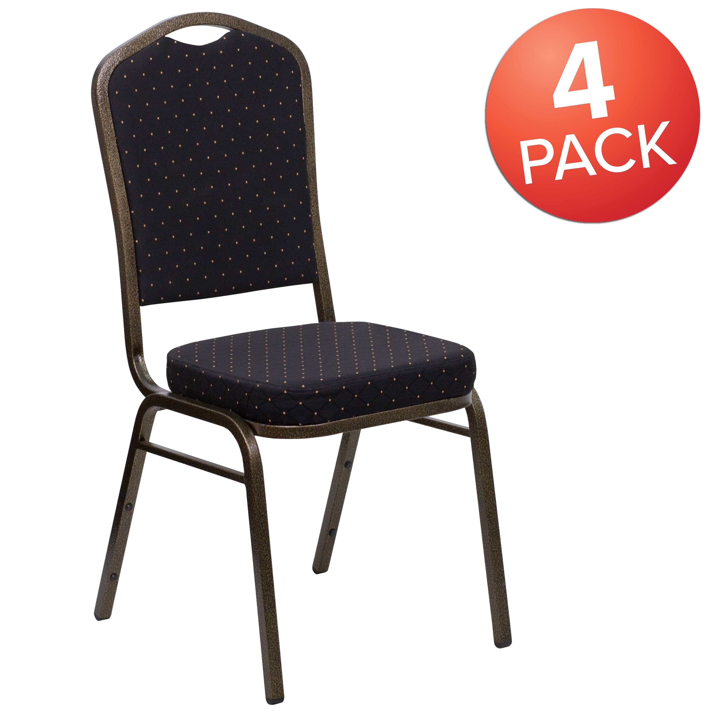 Alt View 1. Emma + Oliver - 4 Pack Crown Back Stacking Banquet Chair - Black Patterned Fabric/Gold Vein Frame.