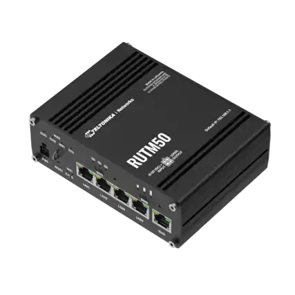 RUTM50
TELTONIKA Networks
Default IP: 192.168.1.1
SIM1 SIM2
WAN
WIFI 2.4 5
ETH
RESET
PWR
LAN1 LAN2 LAN3 LAN4
WAN
4G 3G 2G
SIM
12VDC INPUT (GND) OUTPUT
(9-50 VDC) INPUT - (GND) OUTPUT
Default IP: 192.168.1.1