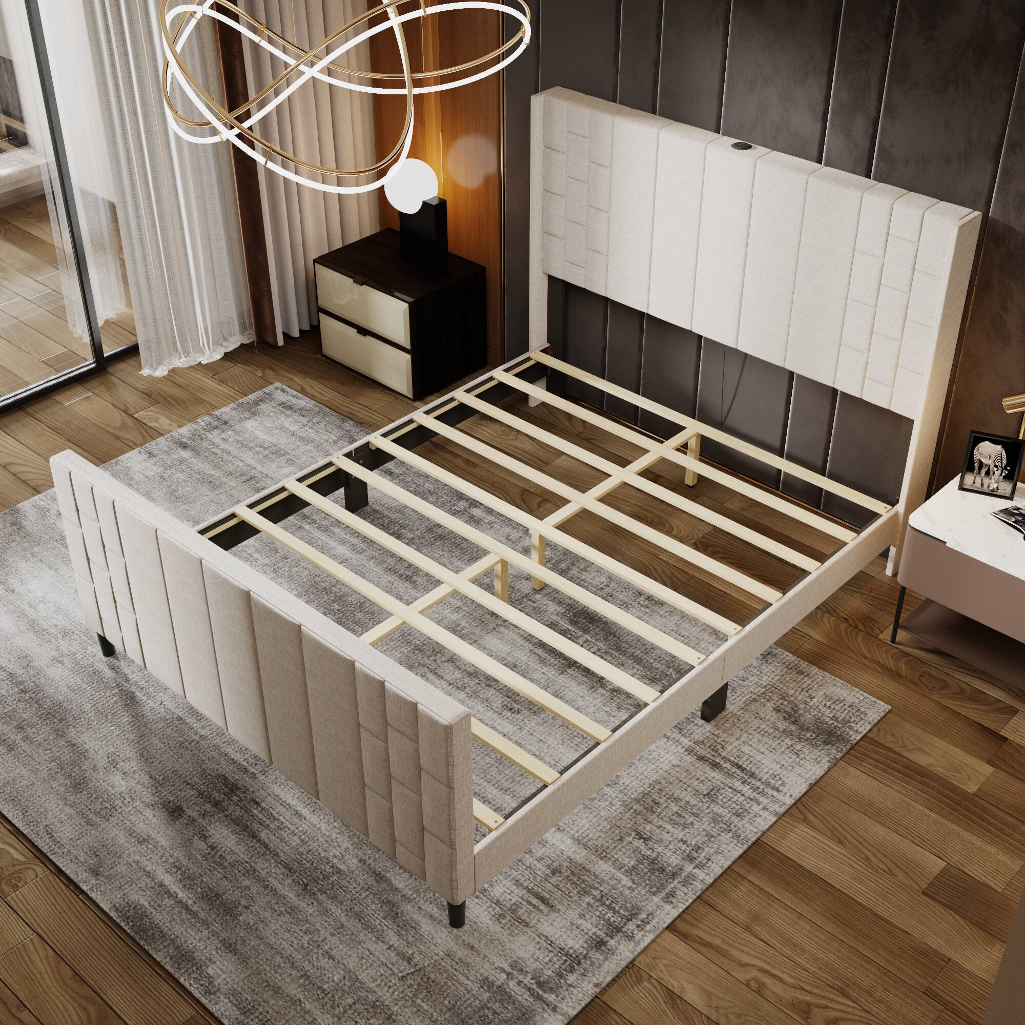 Alt View 9. Famapy - Famapy Upholstered Bed Frame: USB - Equipped, Reinforced Slats & Modern Design - White.