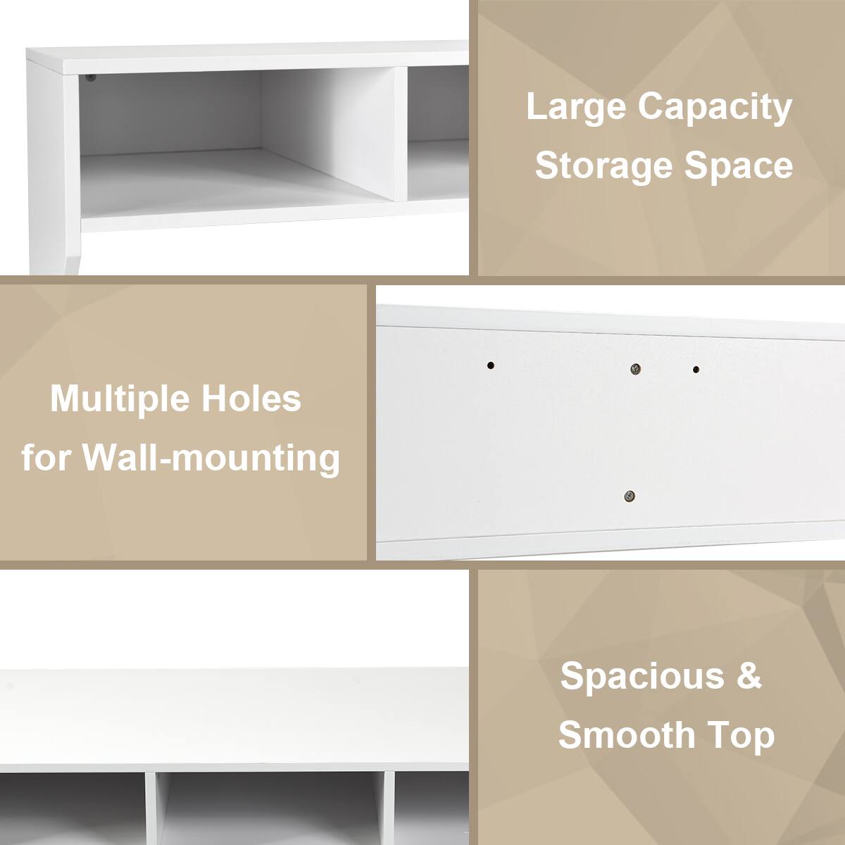 Large Capacity Storage Space, Multiple Holes for Wall-mounting, Spacious & Smooth Top