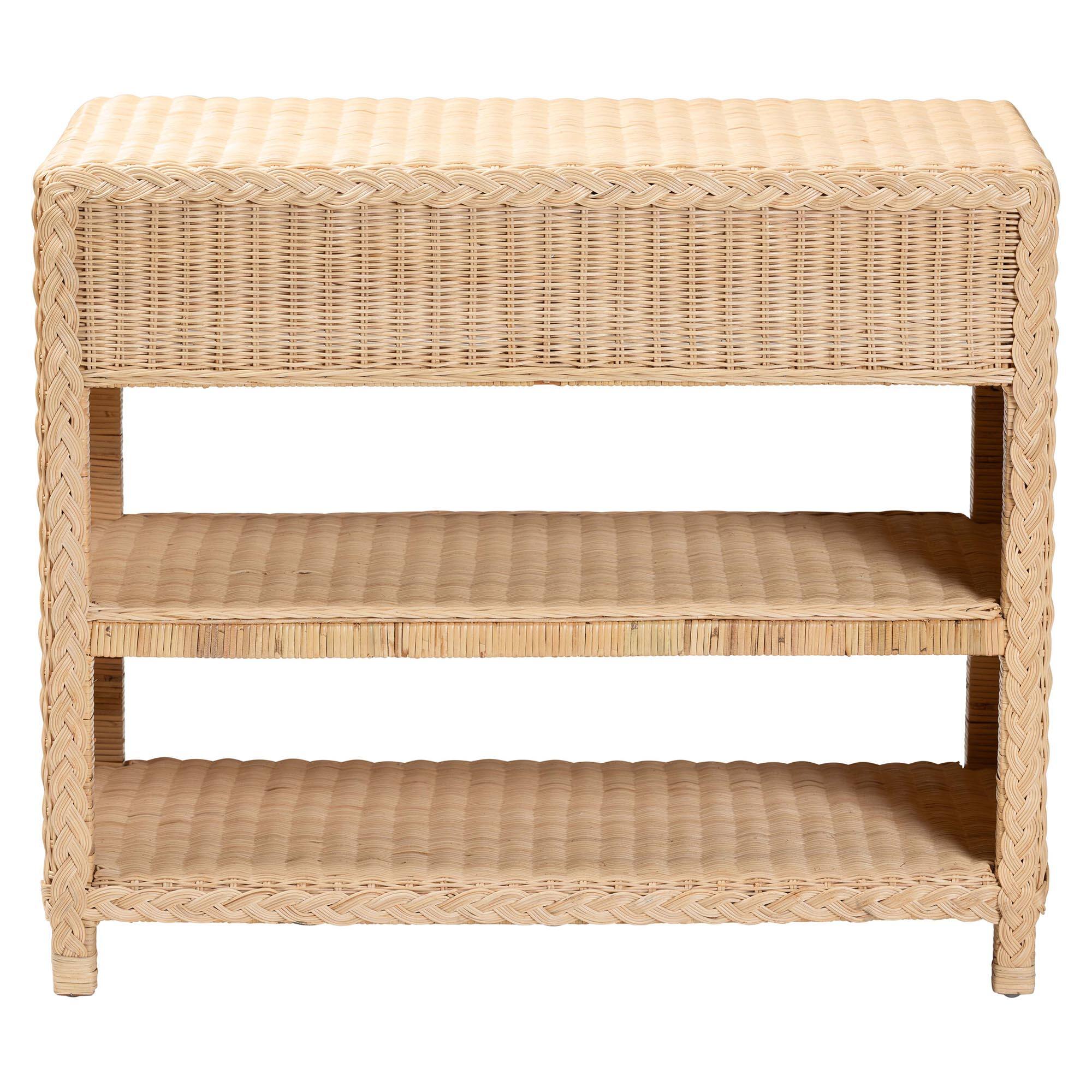 Alt View 1. bali & pari - Lanica Braided Rattan Console Table with Drawers and Shelves – Coastal Style Storage Cabinet - Sun-bleached Rattan.