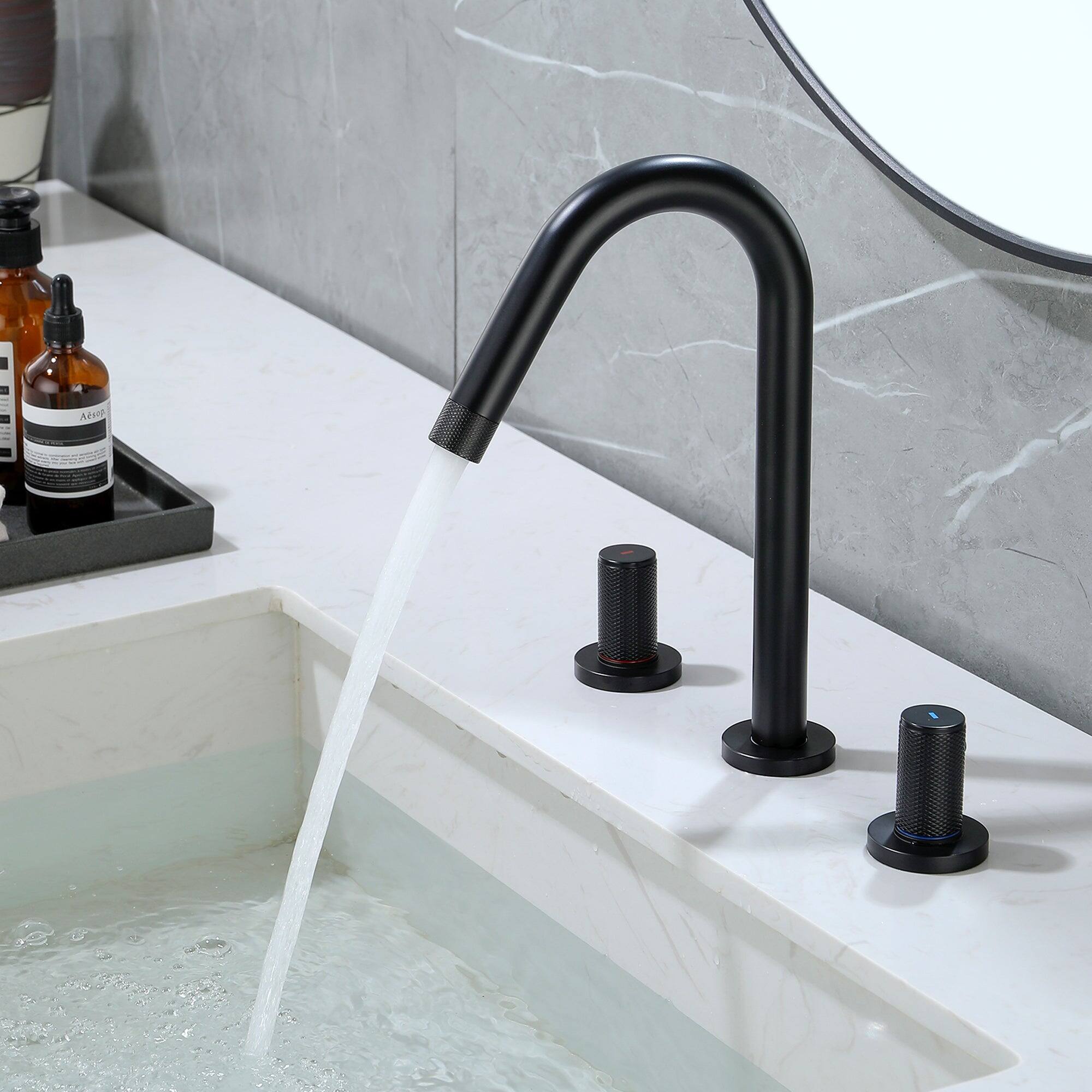 Alt View 10. Boyel Living - 8 in Widespread Double Handle 360 Degree Swivel Spout Bathroom Faucet with Quick Connect Hose in Matte Black - Matte Black.