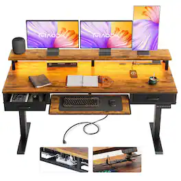 AODK - Standing Desk with Storage Drawers, Keyboard Tray, Power Outlets and LED Lights - Brown