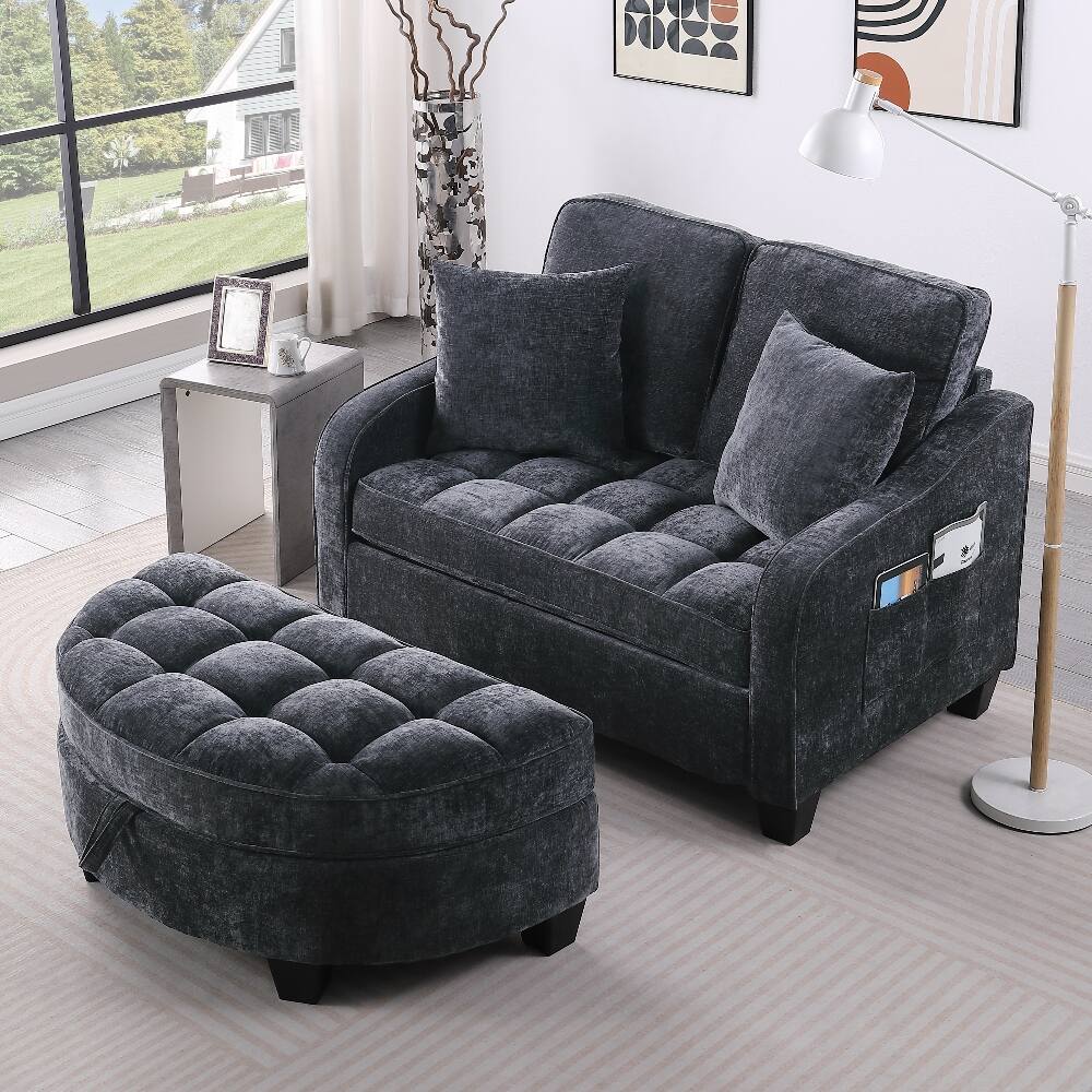 Left. Loheer - Loheer 2-Seater Black Corduroy Sofa Recliner with Storage Footrest and Pillows for Living Room - Black.