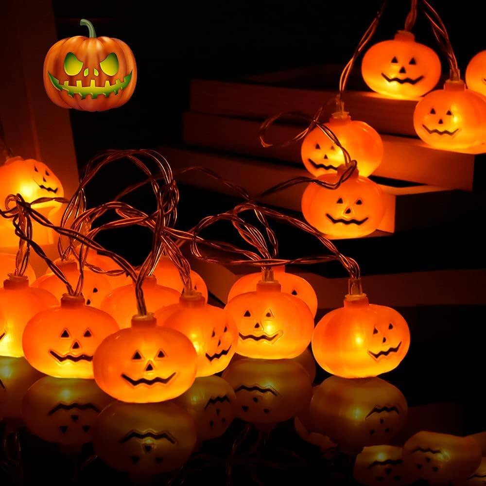 Back. GlowWise - 20ft Flexible Halloween Lights, 40 LED Battery Operated 8 Modes Waterproof Indoor/Outdoor Spooky Glow - Pumpkin Lights.