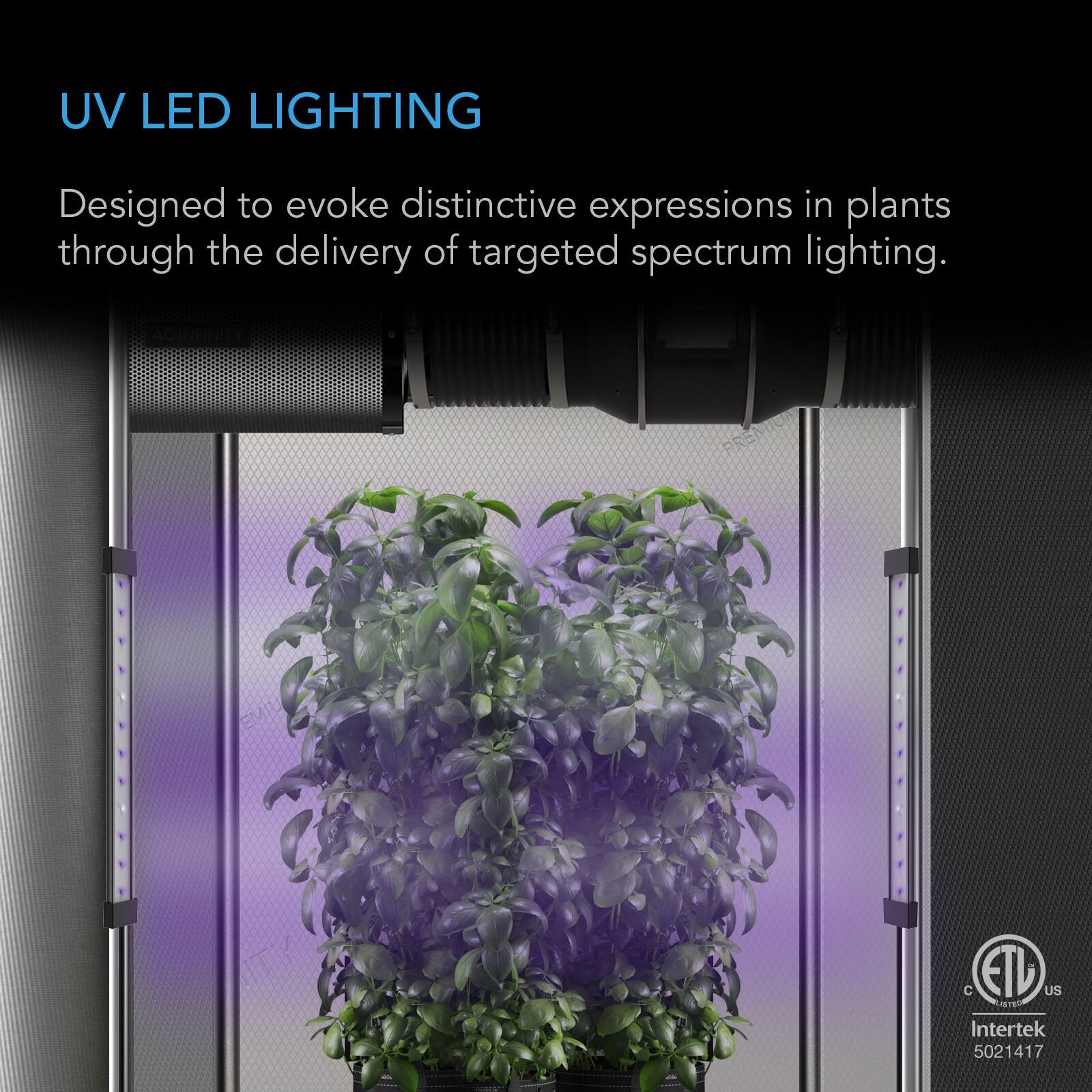UV LED LIGHTING  
Designed to evoke distinctive expressions in plants through the delivery of targeted spectrum lighting.  

AC INFINITY  
C ETL US LISTED Intertek 5021417