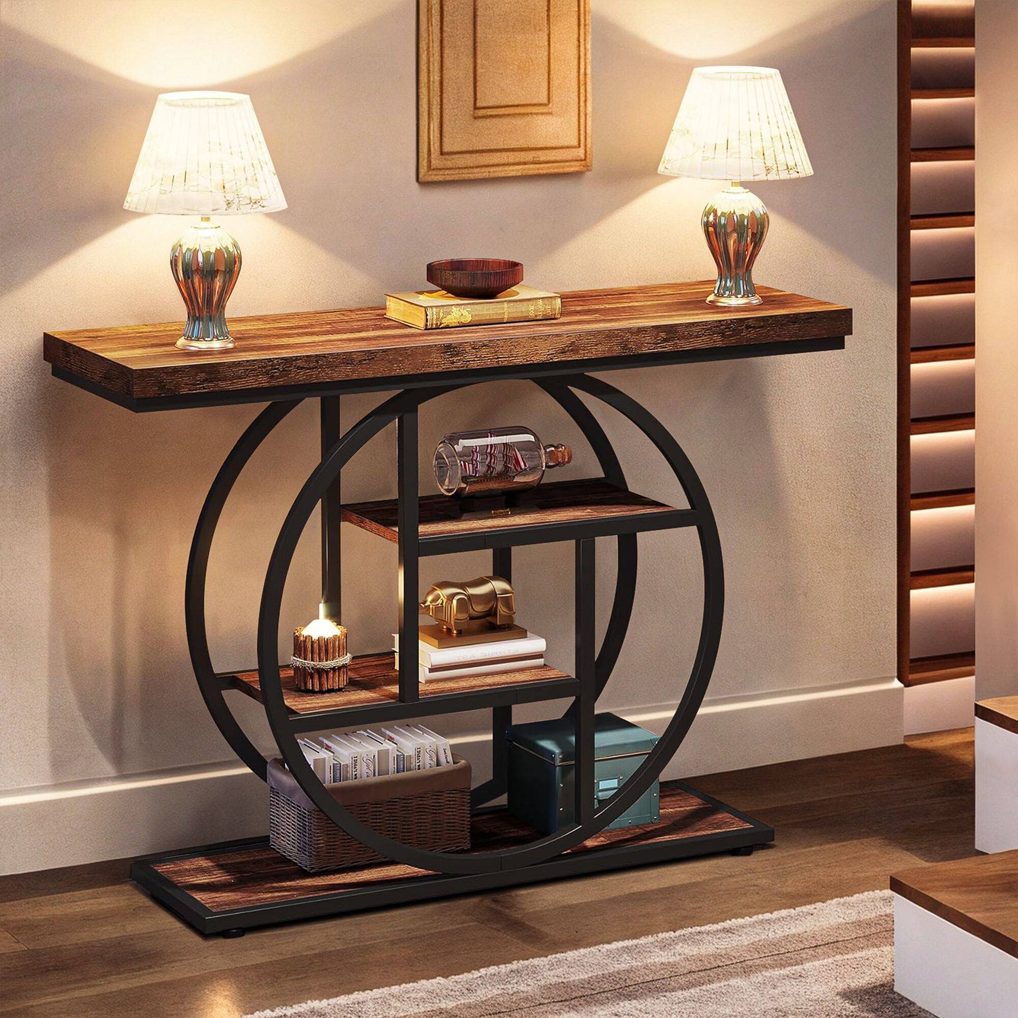 Back. Kadyn - 41.3" Industrial Console Table with 4 Open Shelves, Features a Sturdy Circle Base Design for a Rustic Entryway - Brown.