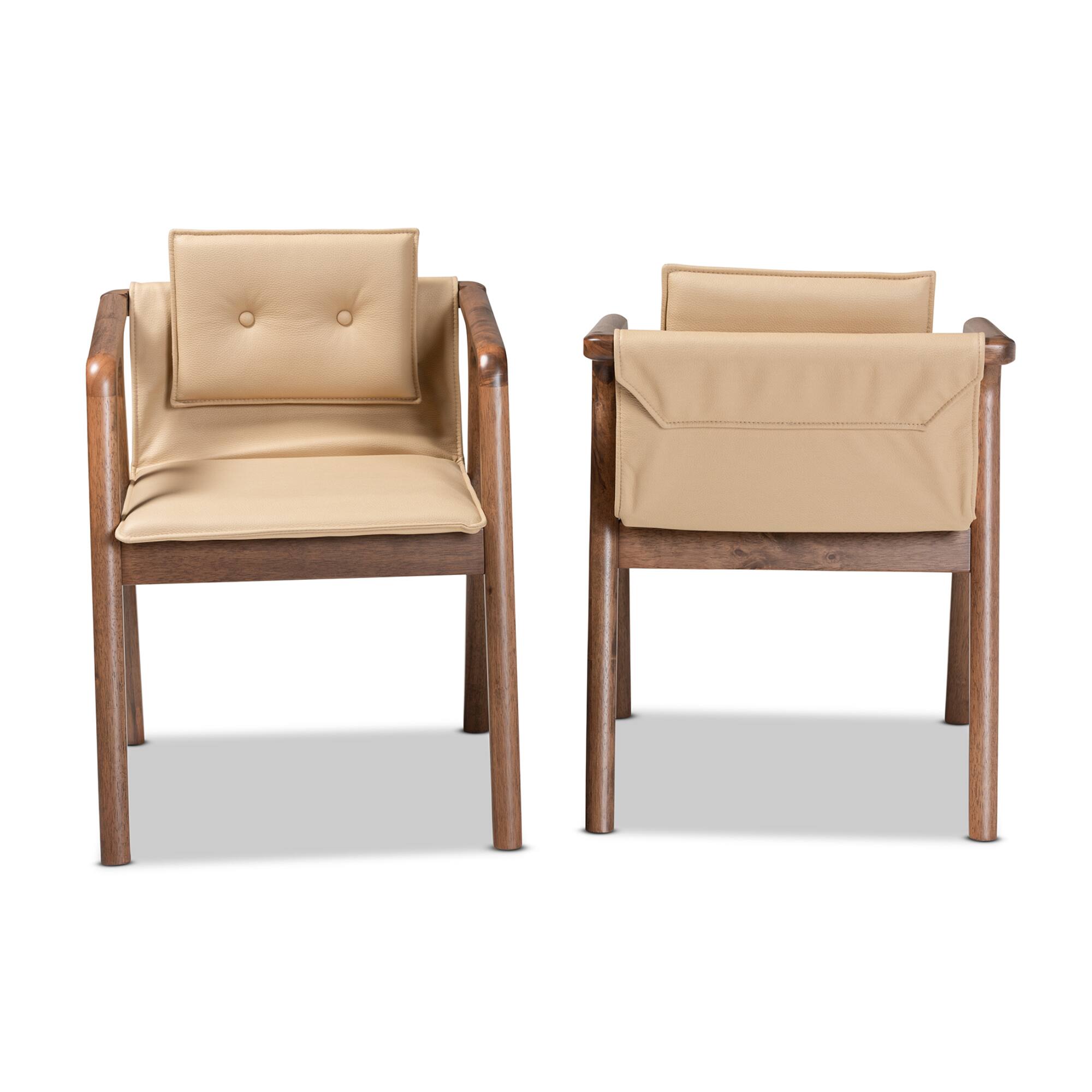 Angle. Baxton Studio - Marcena Imitation Leather Upholstered and Finished Wood 2-Piece Dining Chair Set - Beige/Walnut Brown.